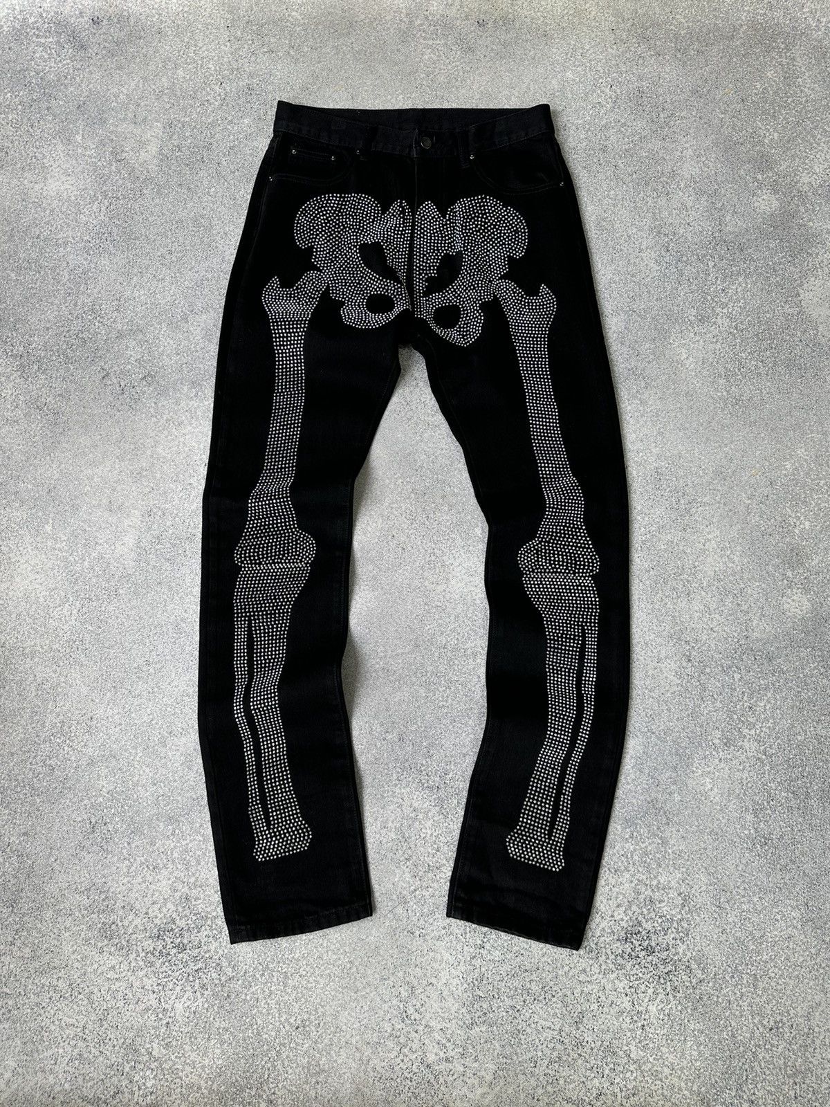 Pre-owned Vintage Ed Hardy Style Rhinestones Skeleton Jeans In Black