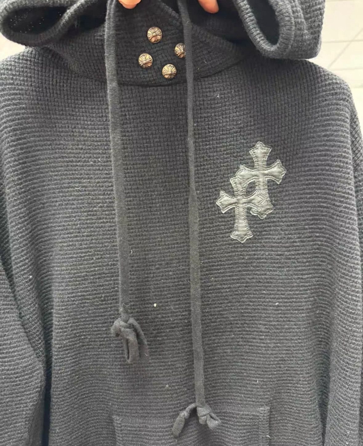 Chrome Hearts Cashmere leather cross patch waffle knit silver hoodie Size US M / EU 48-50 / 2 - 4 Thumbnail