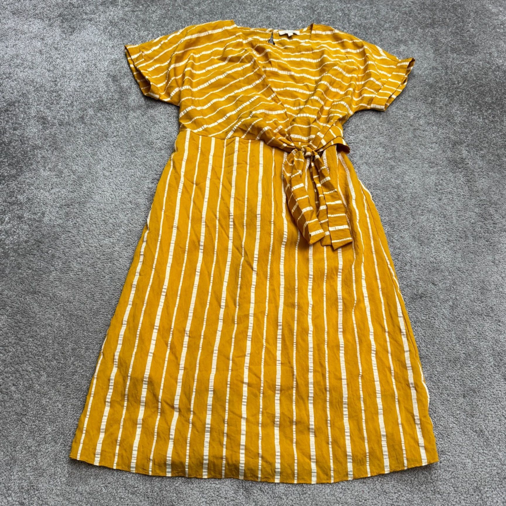 Vintage &. Layered Tie Waist Midi Dress Womens Small Yellow White Striped Short Sleeve Dress Size 28" / US 6 / IT 42 - 2 Thumbnail