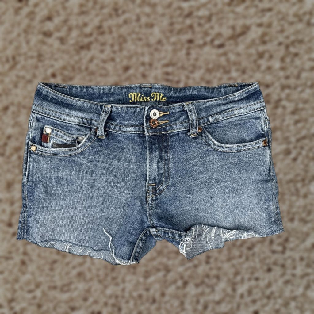 Miss Me Miss Me Shorts Womens Blue Denim Distressed Cut-Off Frayed Camo Embellished 29 Regular Pockets 5-Pocket Logo Hardware Embroidery Low Rise Inseam 3in Size 29" - 1 Thumbnail