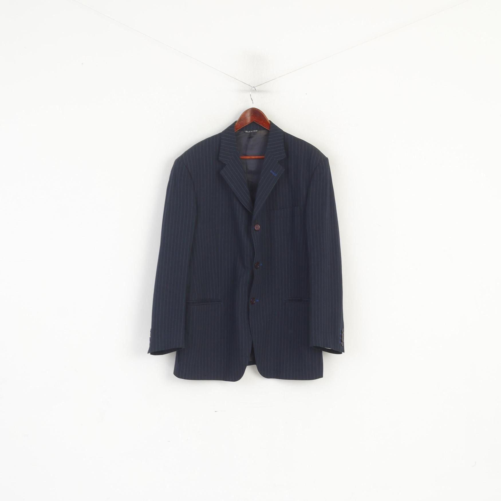 Vintage Gaudi Men 54 44 Blazer Navy Wool Striped Single 6247 Size 44R - 2 Thumbnail