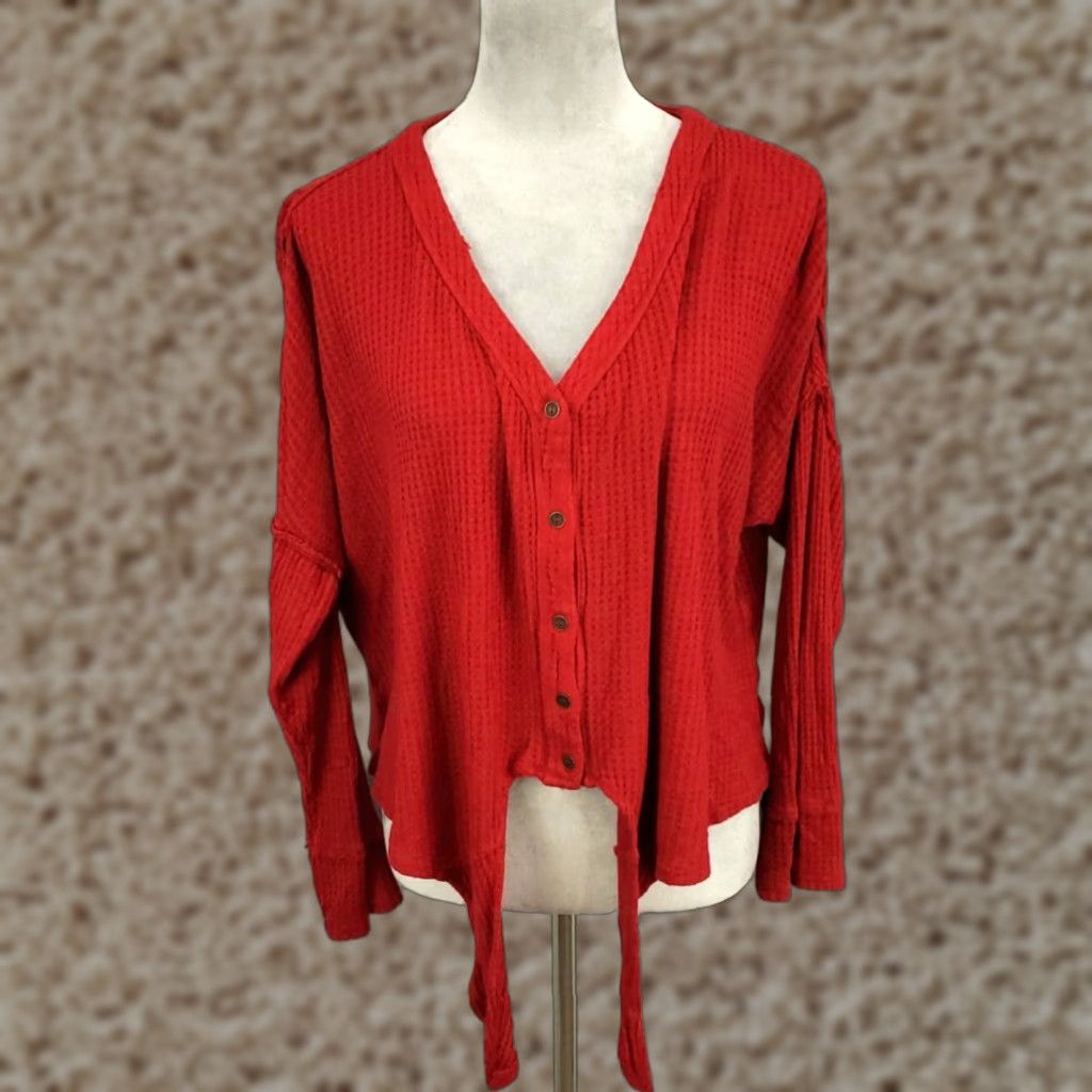Vintage Womens Top Blouse Shirt Oversized Large Button Up V-Neck Lace Accent Boho Flowy Knit Waffle Knit Knox Rose Red Size L Size L / US 10 / IT 46 - 1 Thumbnail
