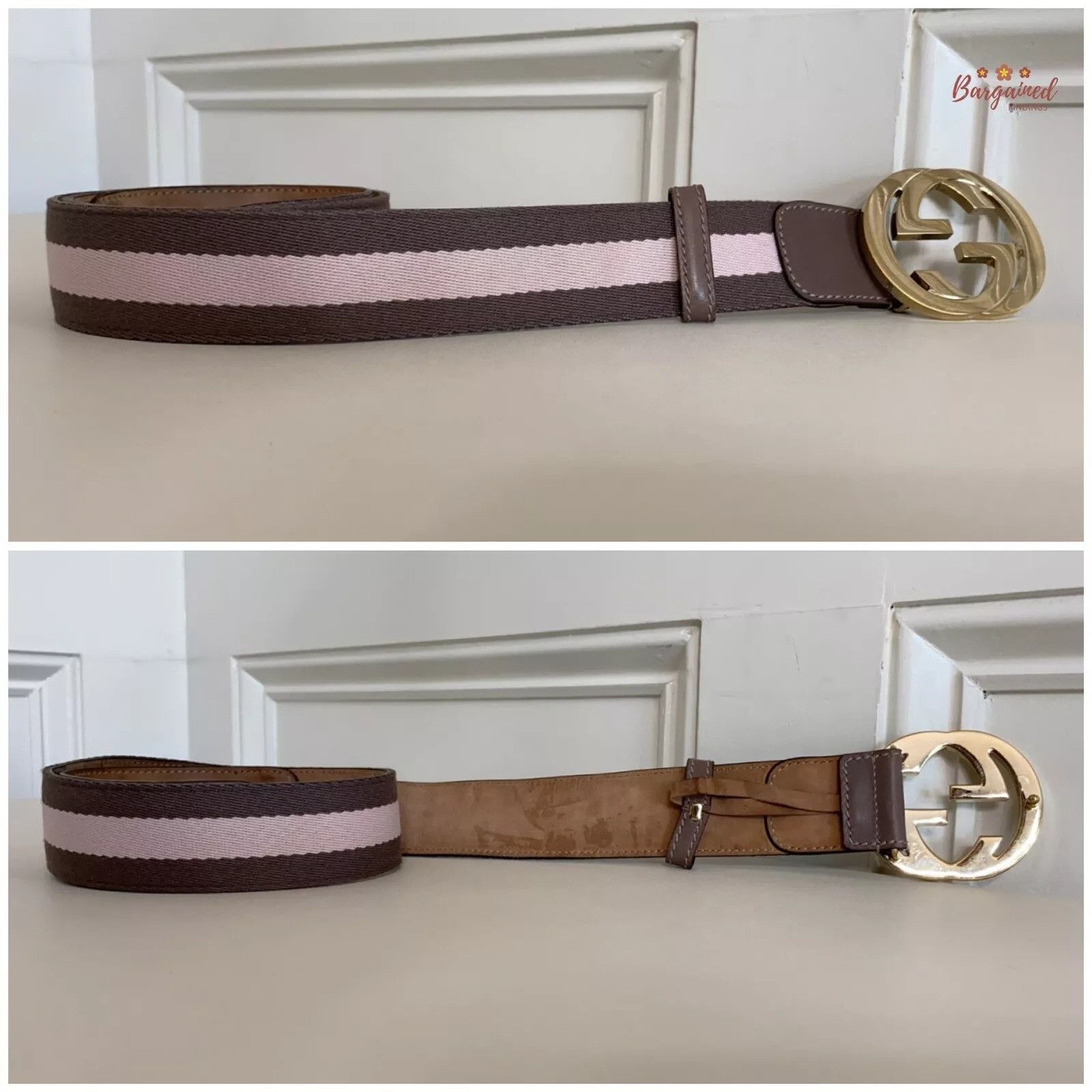 Gucci Gucci Taupe/Pink Web Leather Gold Interlocking G Buckle Belt Size 28 - 6 Thumbnail