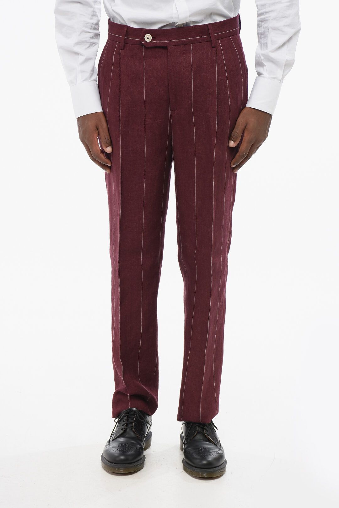 Brunello Cucinelli og1mm0725 Pure Linen Pinstriped Suit in Burgundy Size US M / EU 48-50 / 2 - 7 Thumbnail
