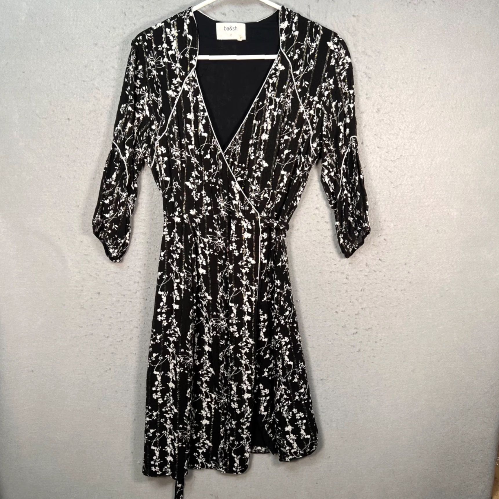 ba&sh ba&sh Dress Woman Wrap Dress Midi Floral Print Black & White V-Neck 3/4 Sleeve Adult Womens 2 Regular Size Spring Summer Fall Casual Womens Size XS / US 0-2 / IT 36-38 - 2 Thumbnail