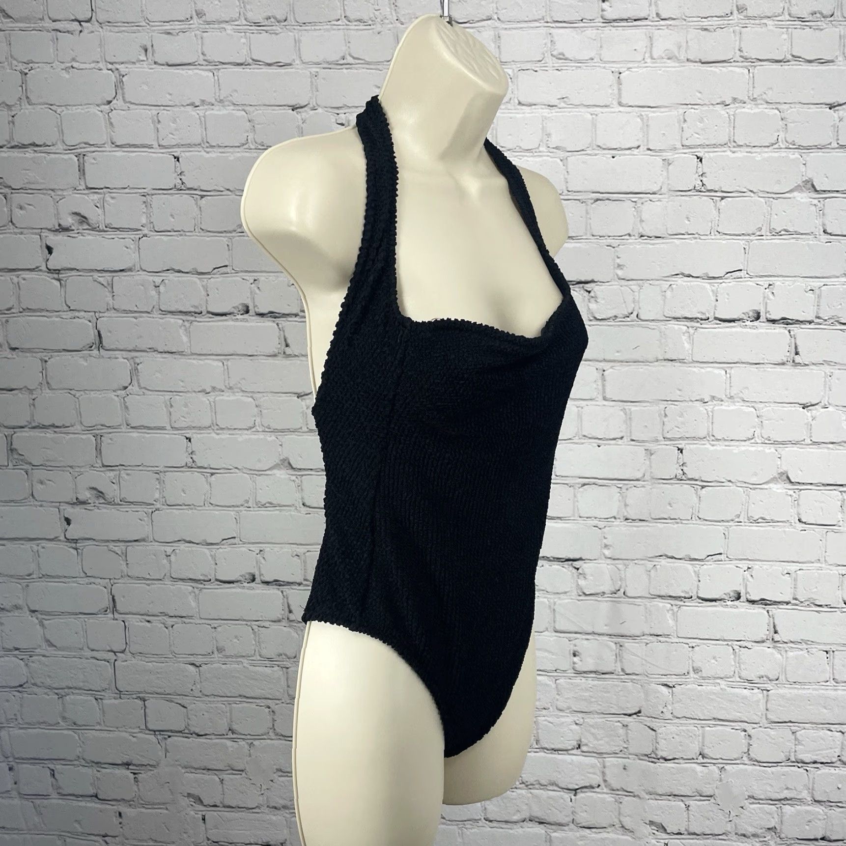 Mango MNG Swimwear Collection Black One Piece Cheeky Halter Lined Solid Ruffle Fitted Regular S Women Beach 90s? Size ONE SIZE - 5 Thumbnail