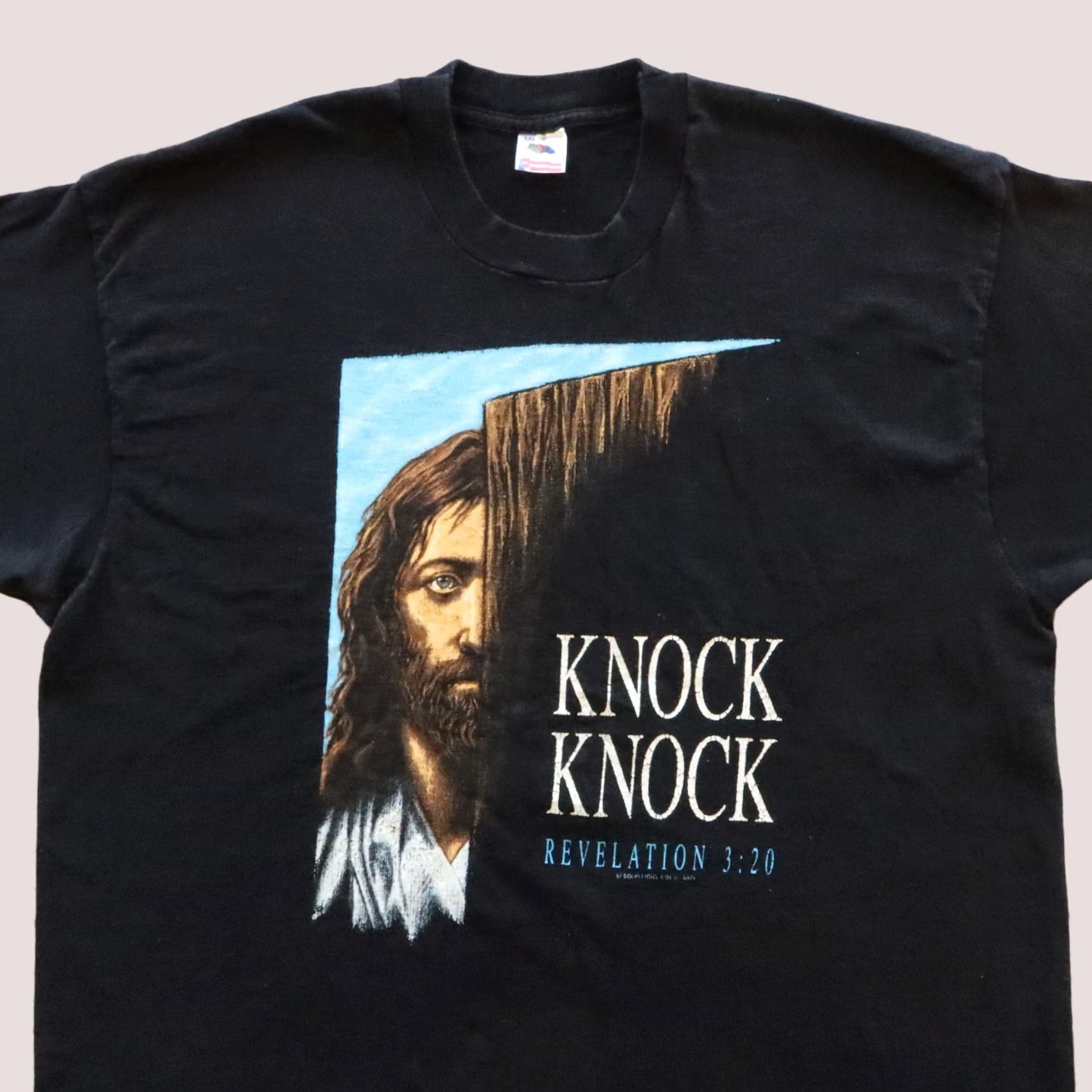 Fruit Of The Loom VINTAGE Knock Knock Revelation 3:20 Shirt 2XL Black Mens Gold Size US XXL / EU 58 / 5 - 1 Thumbnail