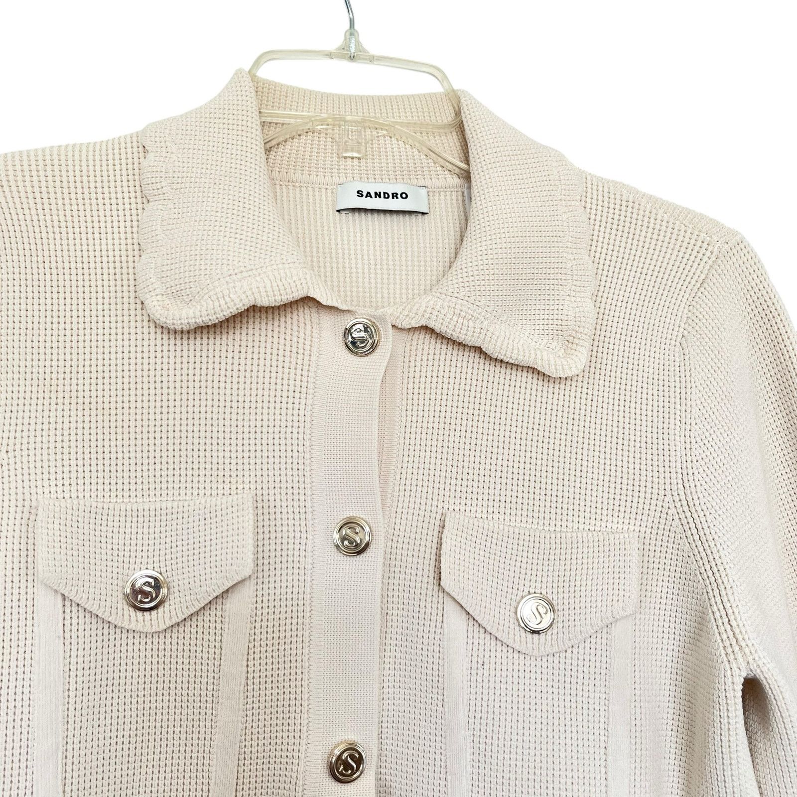 Sandro Sandro Paco Cream Waffle Knit Cardigan Sweater Jacket Size M / US 6-8 / IT 42-44 - 4 Thumbnail