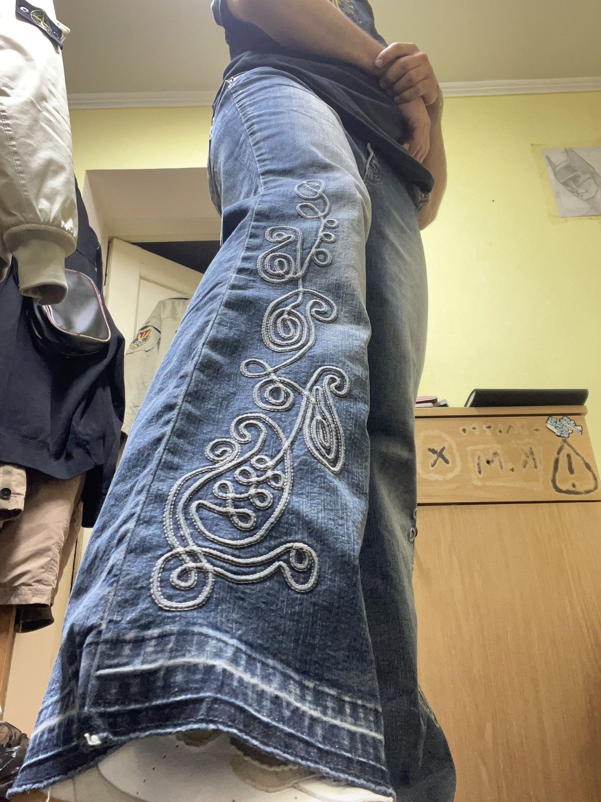If Six Was Nine × Le Grande Bleu (L.G.B.) × Tornado Mart Skull Y2K Flare Jeans With Ornate Threadwork — Think LGB Size US 32 / EU 48 - 20 Thumbnail
