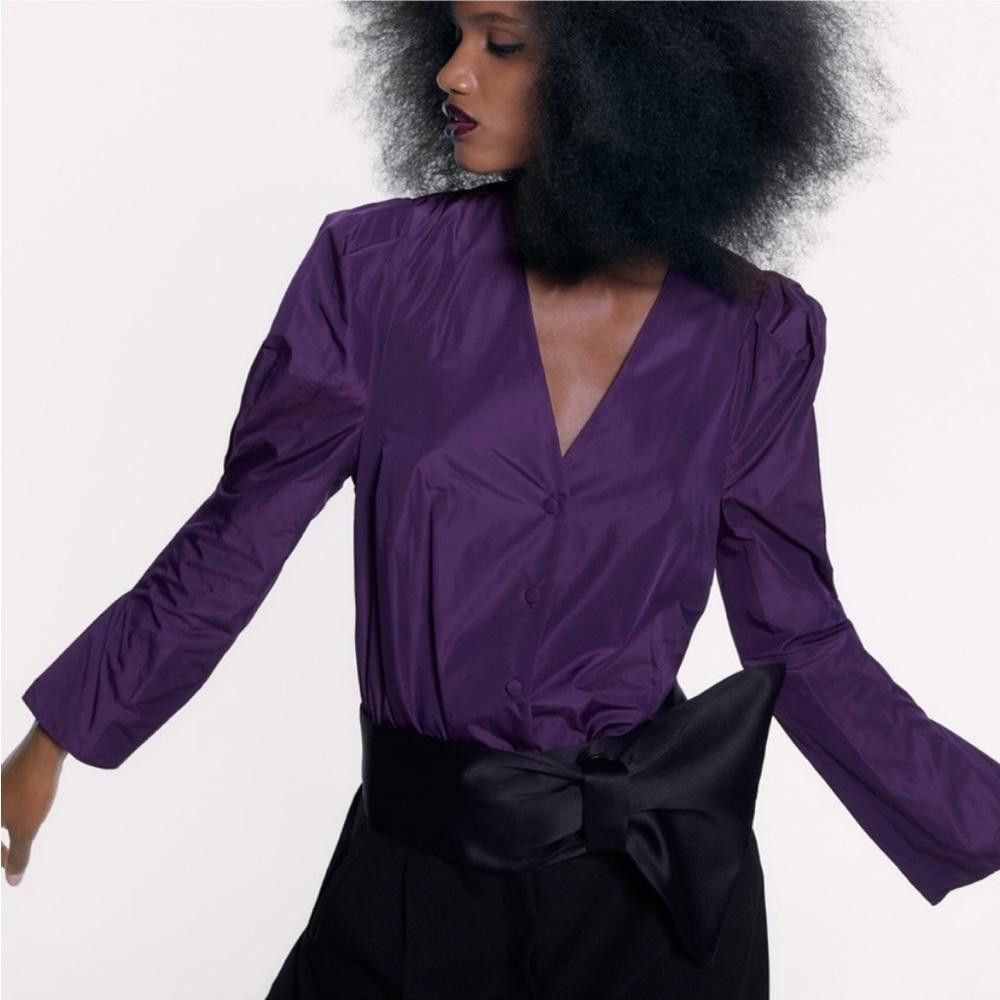 Zara Zara l V Neck Purple Puff Sleeve Bodysuit Small Size S / US 4 / IT 40 - 10 Thumbnail