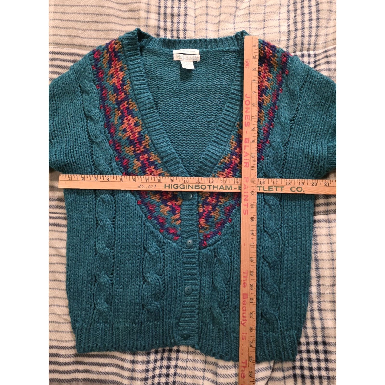 Vintage VINTAGE Jamie Scott Cardigan Sweater Women S Turquoise Geometric Cable-Knit V-Neck Oversized 80s 90s Bohemian Classic Seasonals Size S / US 4 / IT 40 - 6 Thumbnail