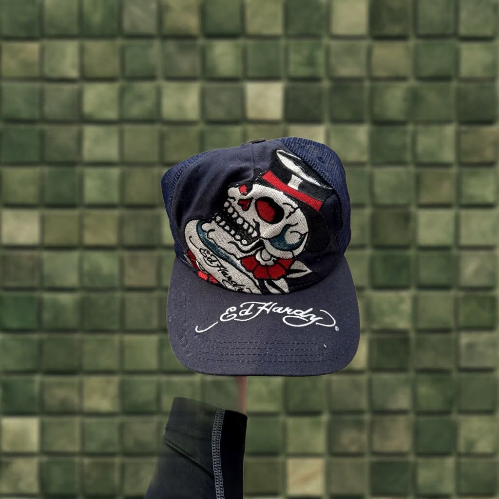 Ed Hardy VINTAGE Ed Hardy By Christian Audigier Embroidered Logo Skull Y2K Blue Cap One Size Trucker Hat Mens Black Size ONE SIZE - 1 Thumbnail
