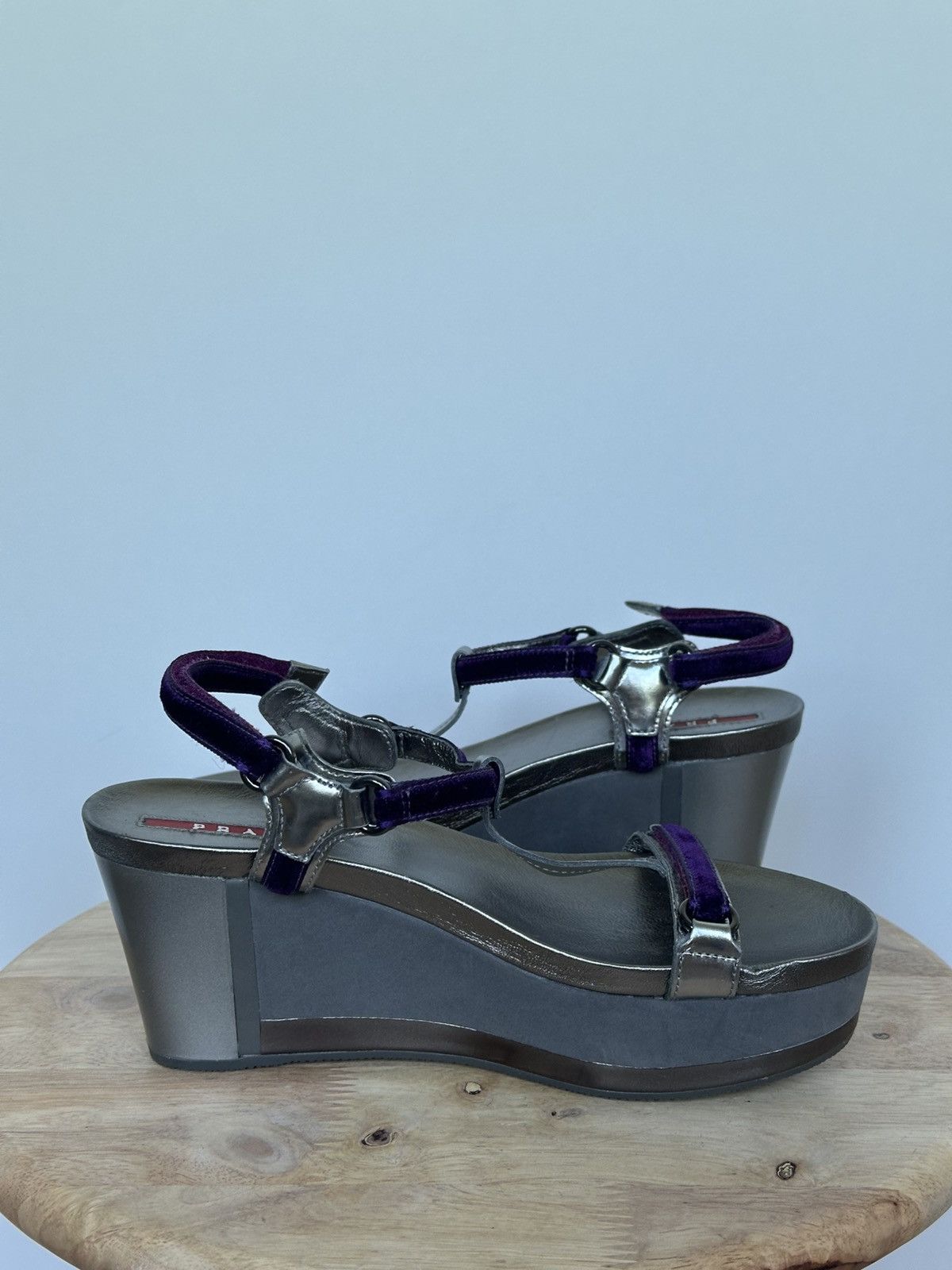 Prada Prada wedge sandals leather velvet grey / purple with box Size US 6 / IT 36 - 6 Thumbnail