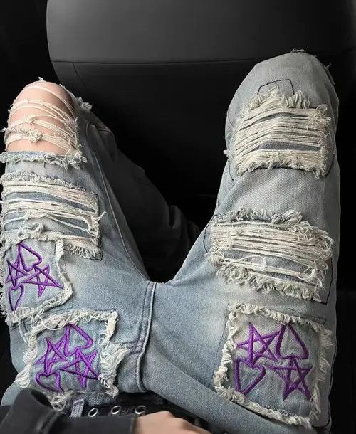 VIBE Heavy Star Heart Embroidered Double Patch Washed Jeans Size US 33 - 4 Thumbnail
