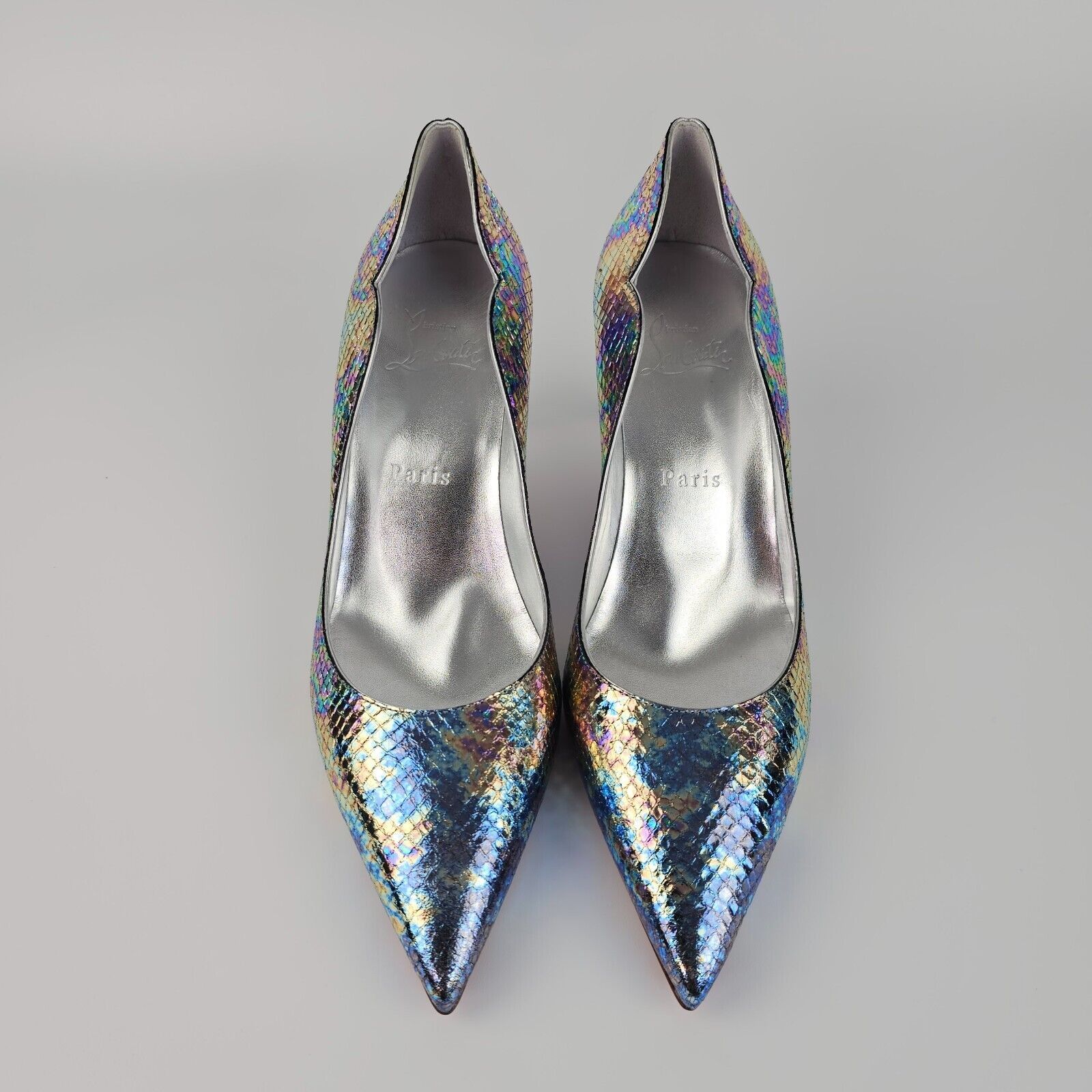 LOUBOUTIN Hot Chick 70mm Silver Leather Heeled Pumps New