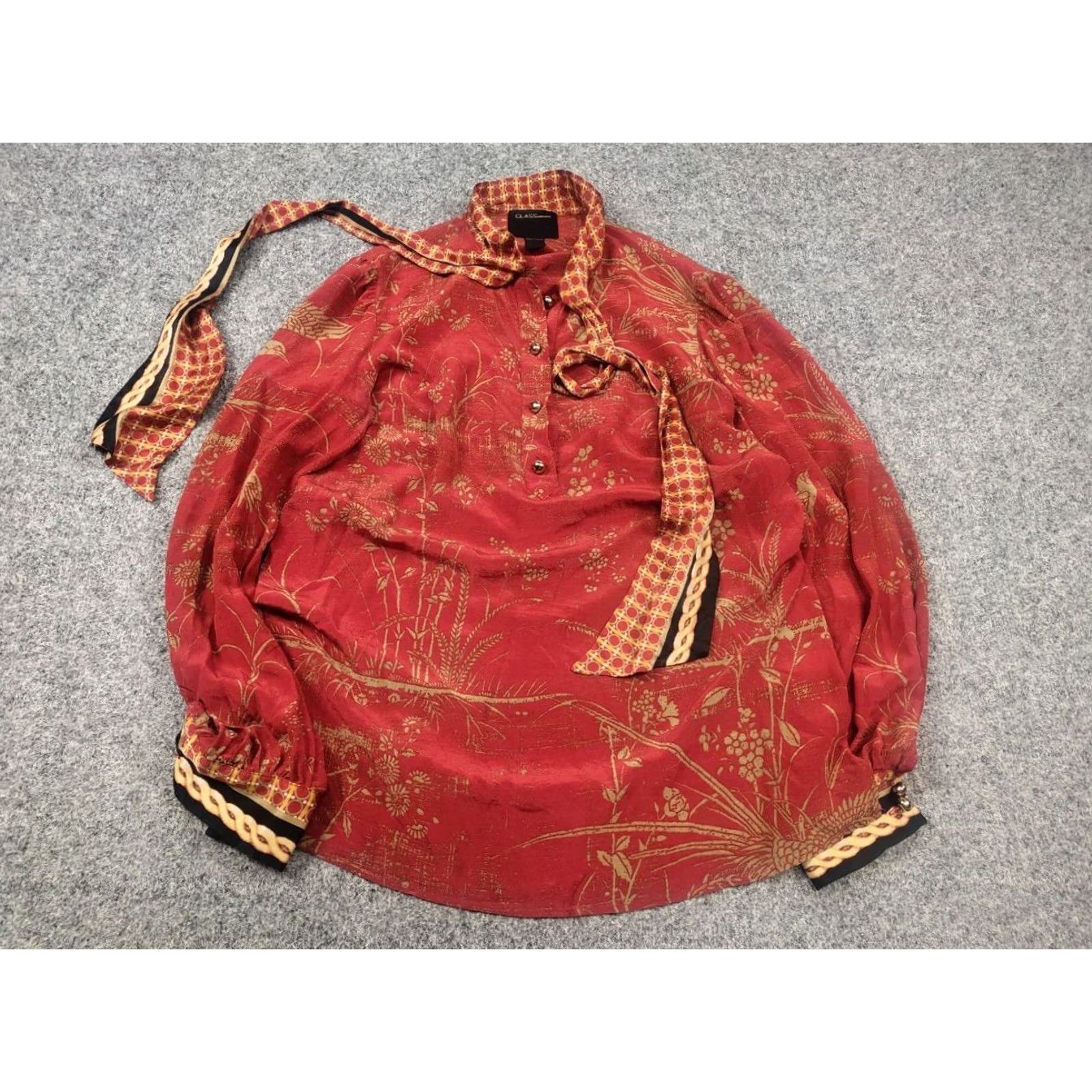 Roberto Cavalli Roberto Cavalli Silk Blouse XL Red Floral Pattern Collared Tie Long Sleeve - Womens - Silk - 90s City Designer Theme - Regular Fit - Dry Clean Only Size XL / US 12-14 / IT 48-50 - 3 Thumbnail