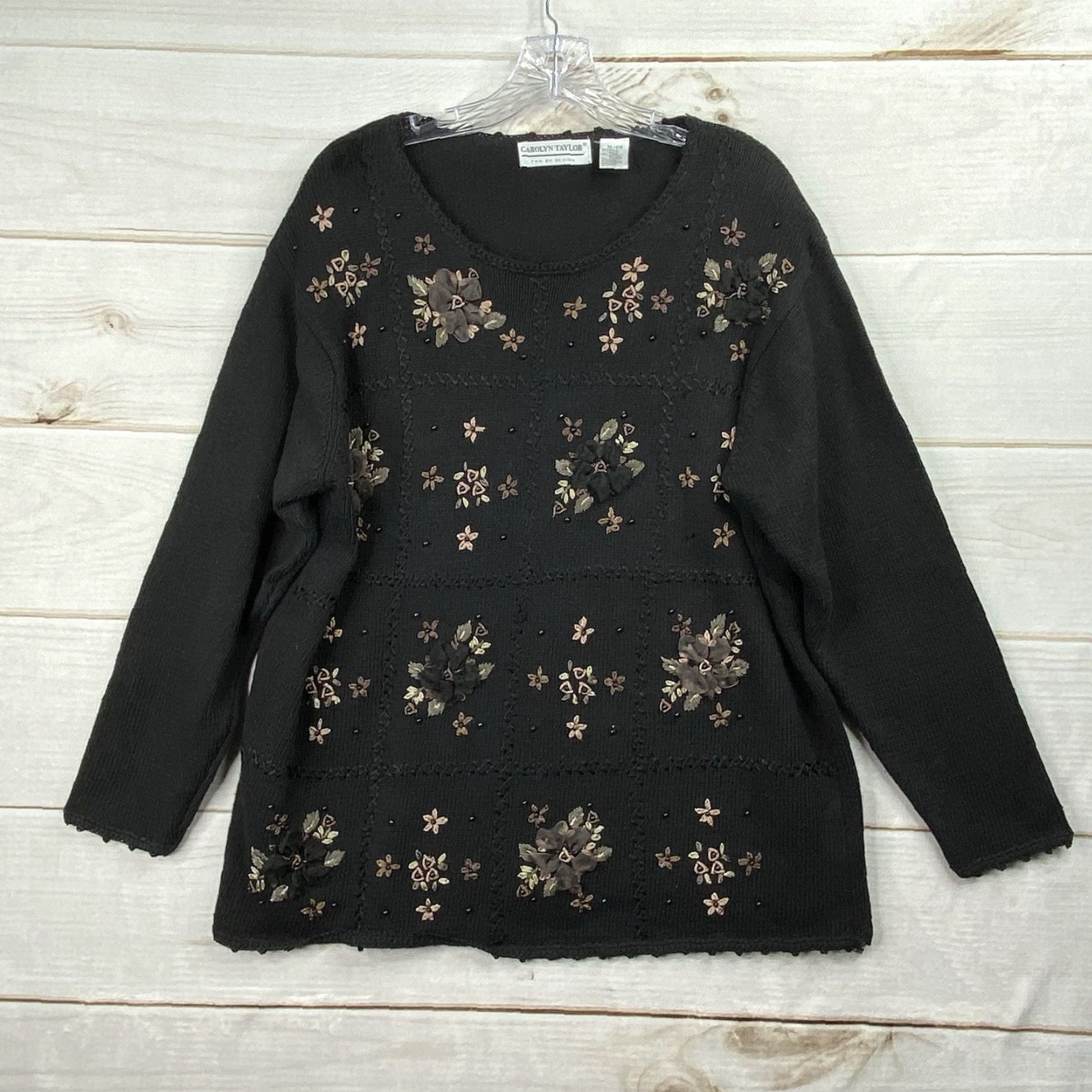 Vintage VINTAGE Carolyn Taylor Sweater XL Black Floral Embroidered Cable-Knit Pullover 90s Womens Kathy? Size XL / US 12-14 / IT 48-50 - 2 Thumbnail