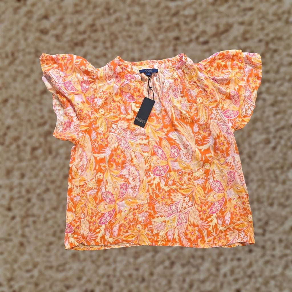 Rachel Zoe Rachel Zoe Top Womens L Orange Floral V Neck Flutter Sleeve Casual Shirt Blouse Regular Mill Rayon Summer Spring Womens Size L / US 10 / IT 46 - 1 Thumbnail