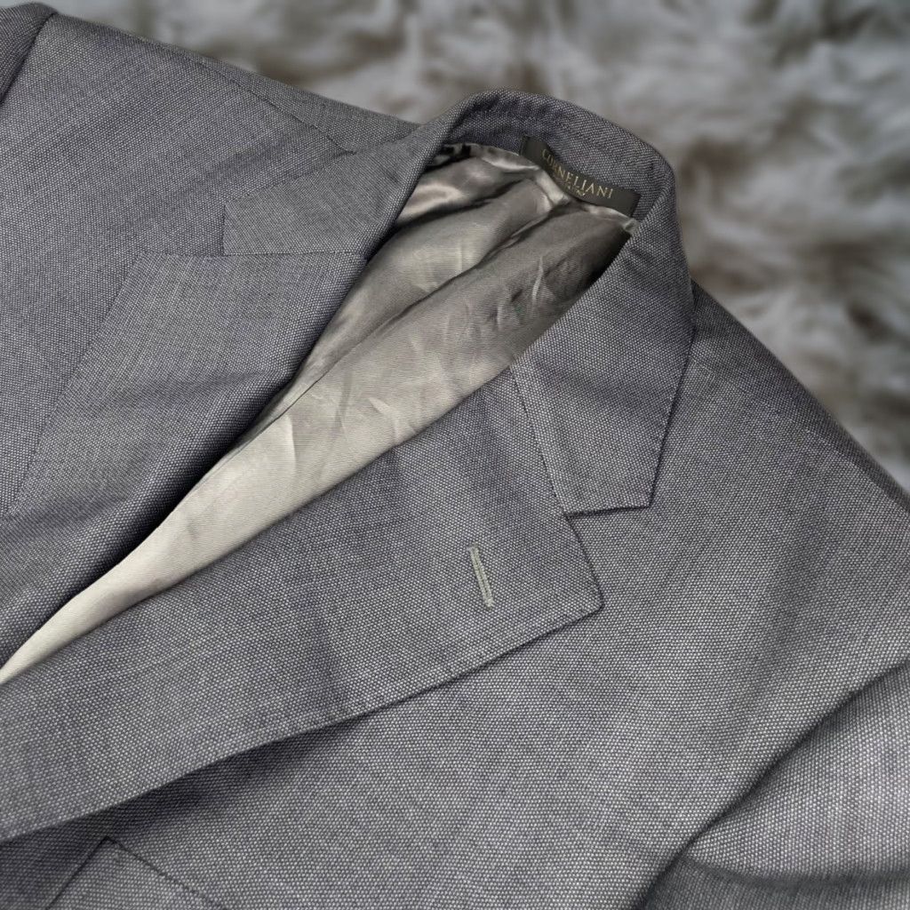 Corneliani Men's Blazer 100% Wool Gray 42L 2-Button Double-Vented Notch Long Coat Made in Italy