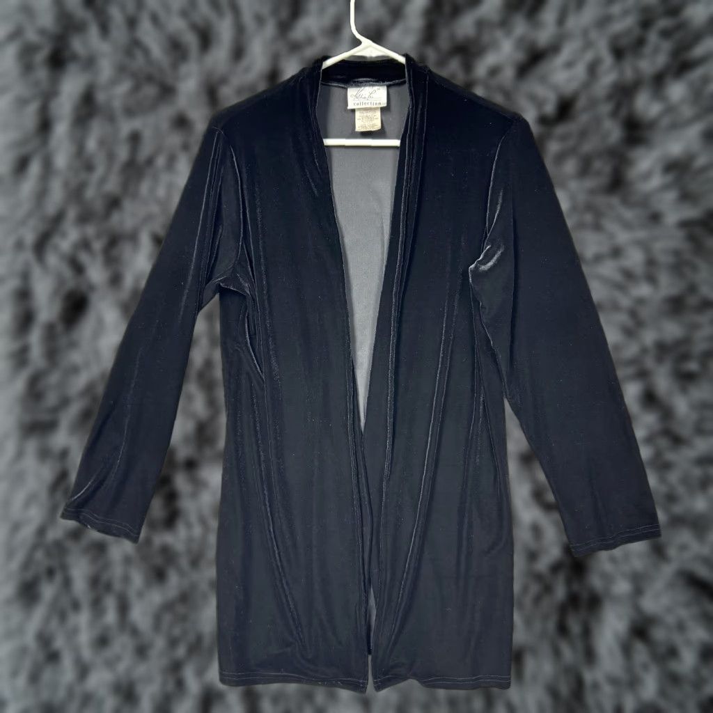 Velour VINTAGE Y2K Open Front Jacket Small Black Velour Coatigan Cocktail Layering Glam Women S Solid Black Size S / US 4 / IT 40 - 1 Thumbnail