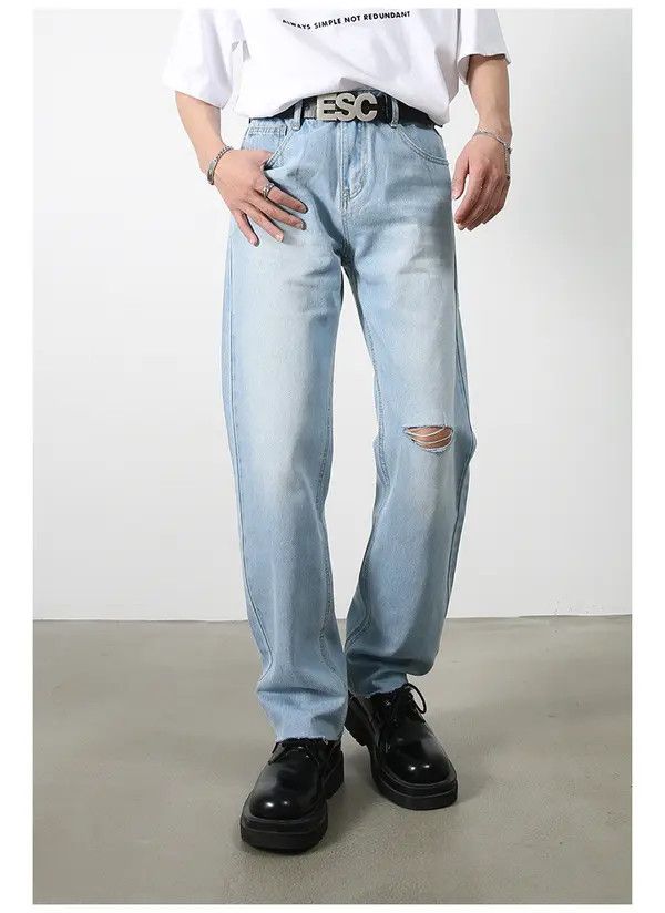 Japanese Brand Asaoka x Asai Light blue loose casual ripped straight jeans Size US 32 / EU 48 - 2 Thumbnail