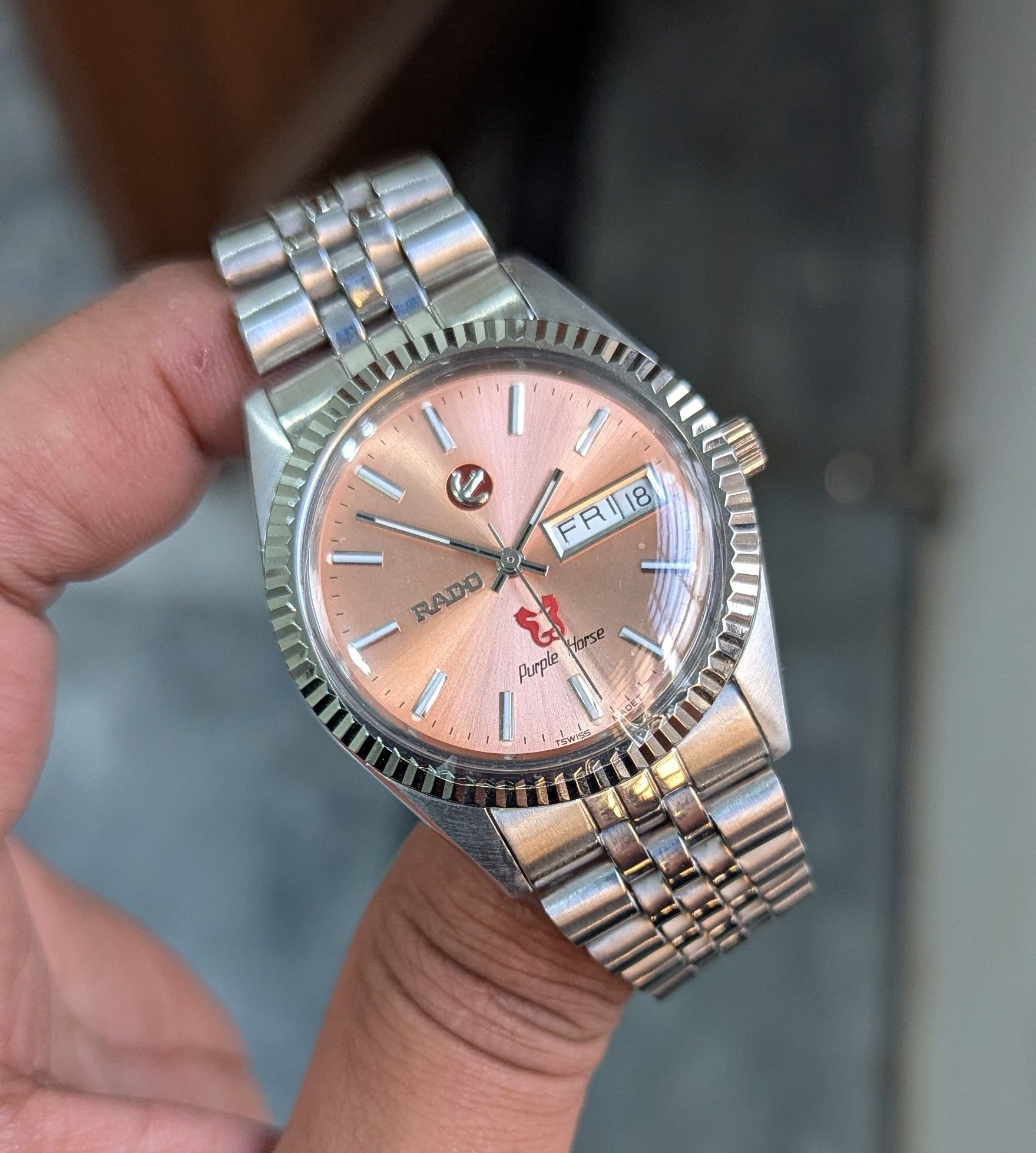 Vintage Rado Purple Horse Salmon Dial Wrist Watch For Mens