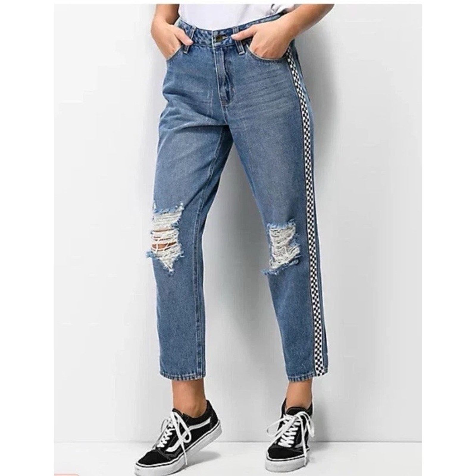 Empyre Empyre Eileen Checkered Striped Mom Zumiez Distressed Jeans Size 28" / US 6 / IT 42 - 1 Thumbnail