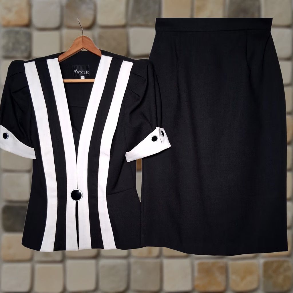 Vintage VINTAGE First Focus 1990s Skirt and Shirt Set 7/8 Black White Pencil Midi Office Wear Womens Size M / US 6-8 / IT 42-44 - 1 Thumbnail