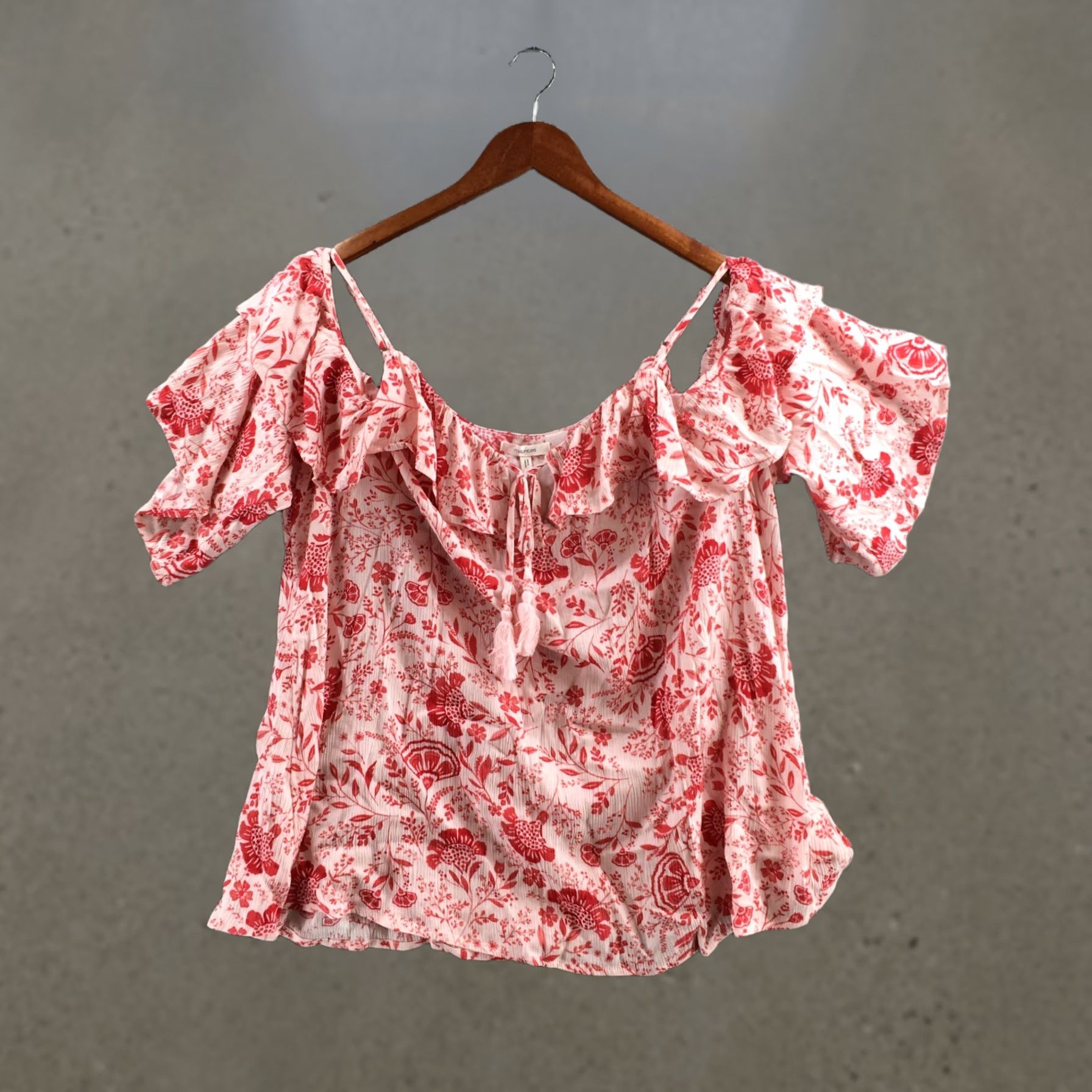 Vintage Maurices Blouse Shirt Womens XL Red Floral Print Ruffled Cold Shoulder Casual NEW Size XL / US 12-14 / IT 48-50 - 1 Thumbnail