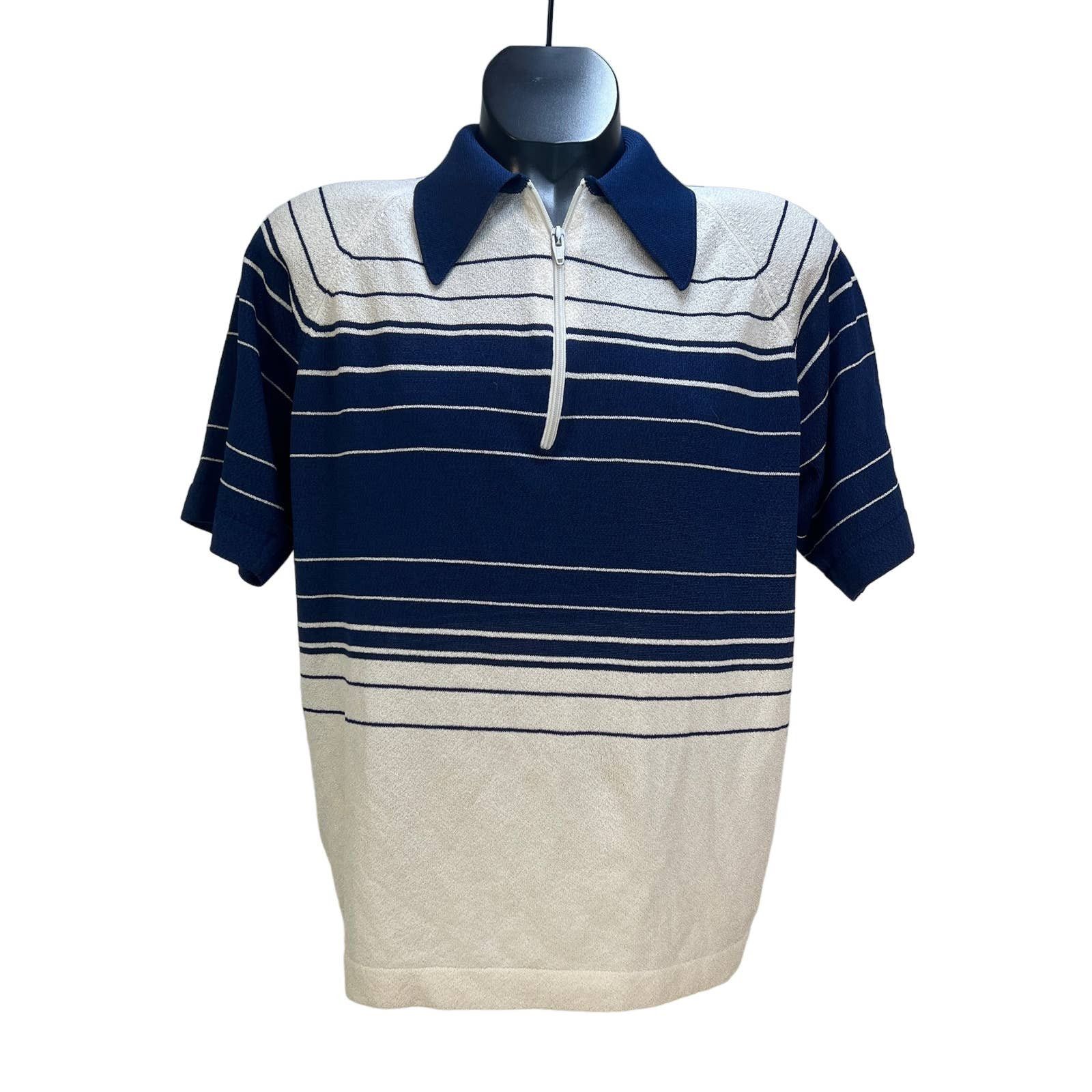 Vintage JC Penny Knit Polo Shirt Short Sleeves Striped Blue