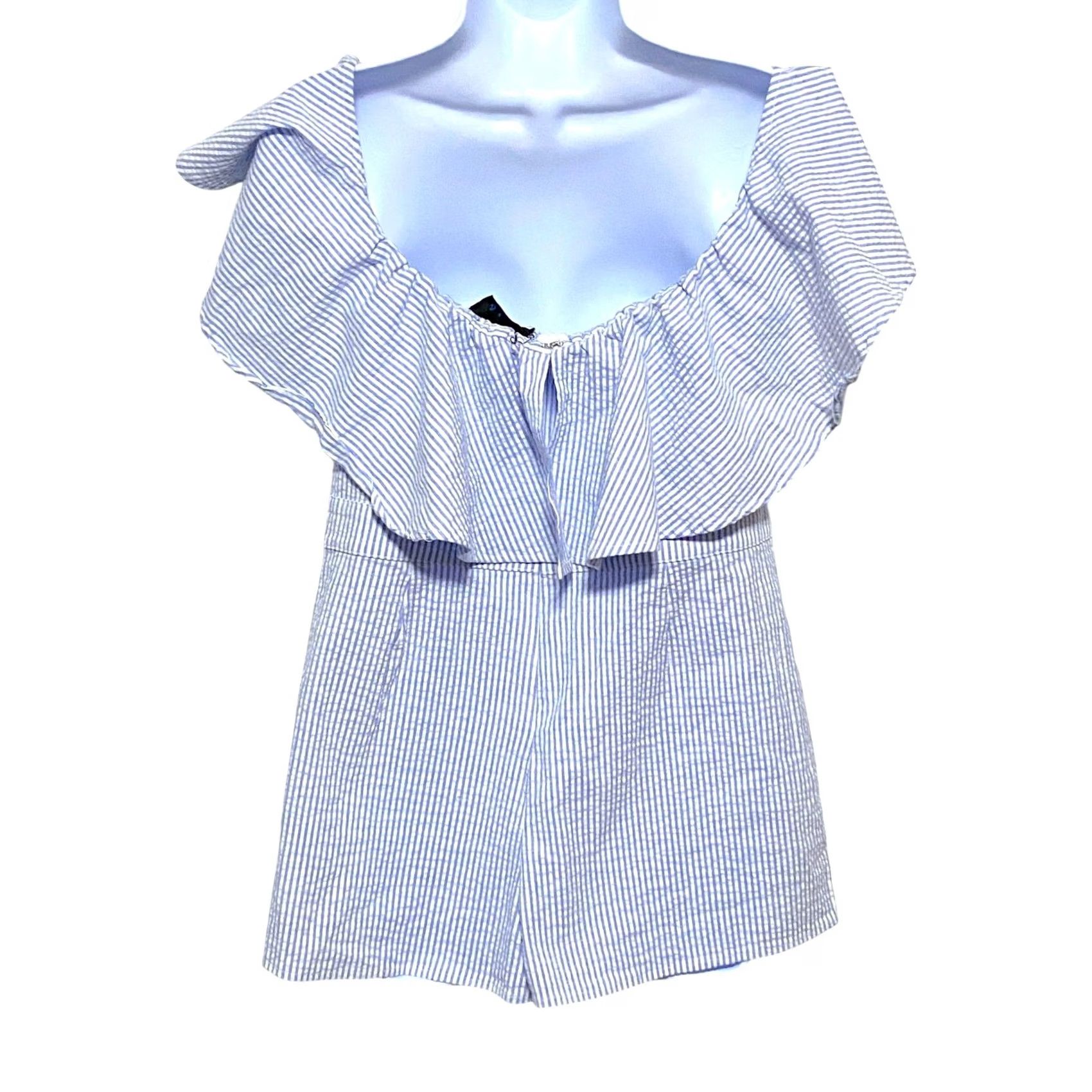 Vintage Blue Life Blue White Striped Ruffle Romper Womens L Beachy Vacation Summer Cruise Nautical Striped Romper Womens L Girls Mens Size 36" / US 14 / IT 50 - 4 Thumbnail