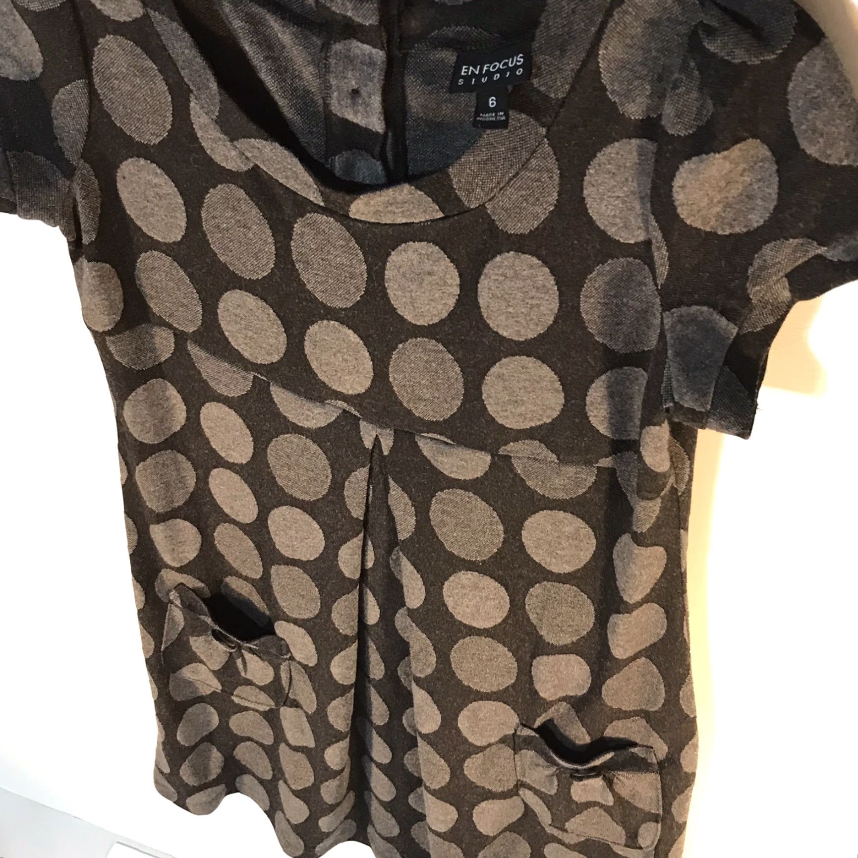 Vintage VINTAGE En Focus Studio Women's Dress - Black Polka Dot Short Sleeve Empire Waist Knee Length Summer Casual Office Workwear Size 6 Size M / US 6-8 / IT 42-44 - 2 Thumbnail