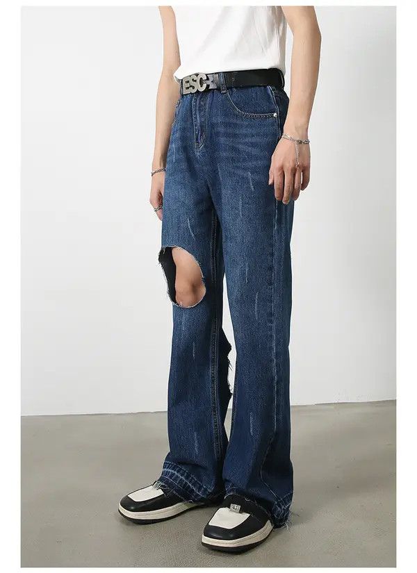 Japanese Brand Kokubu x Kita Dark blue loose flared casual ripped jeans Size US 32 / EU 48 - 2 Thumbnail