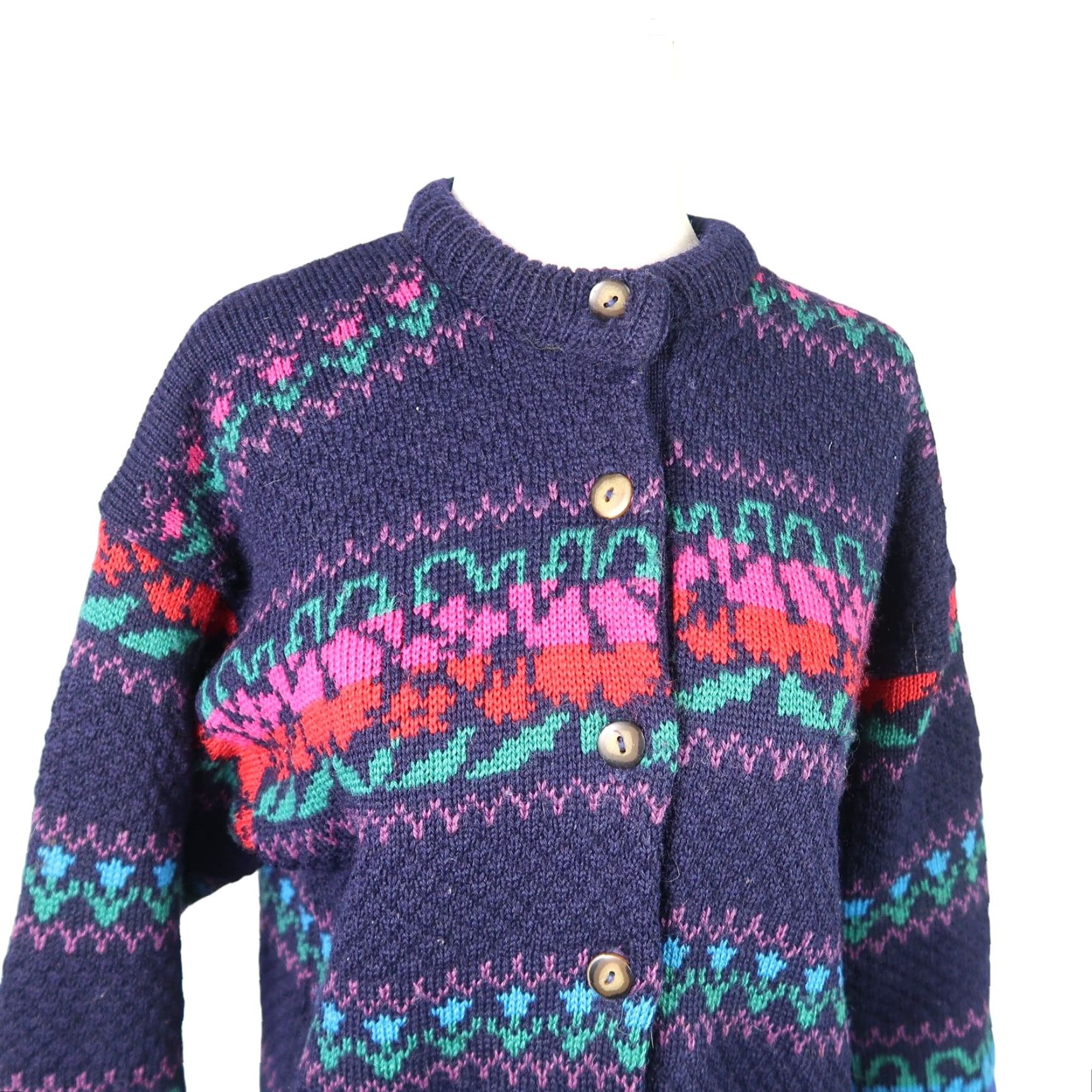 Vintage VINTAGE Murray Brothers cardigan sweater Navy blue floral wool knit L Women 80s Long Sleeve Button front 100% Wool Size L / US 10 / IT 46 - 2 Thumbnail