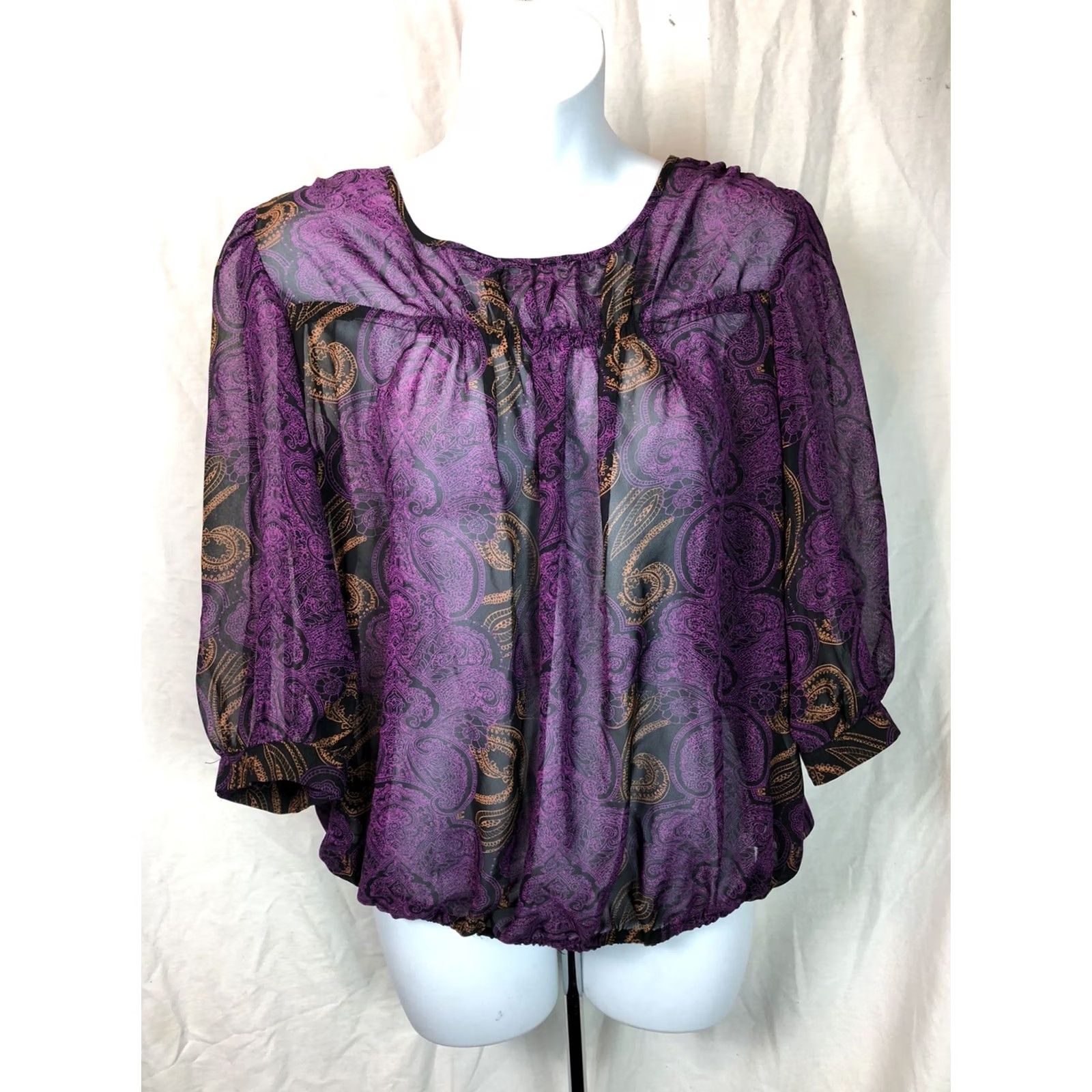 Mossimo VINTAGE Mossimo Purple/blk Geo Chiffon Blouse M 3/4 Balloon sleeves Fairy Y2K Womens Size M / US 6-8 / IT 42-44 - 5 Thumbnail