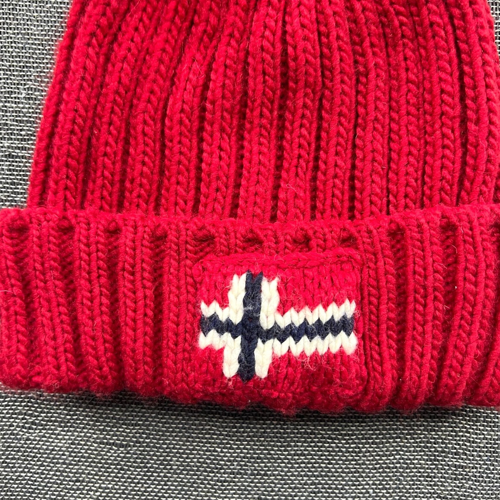 Napapijri Napapijri Beanie Hat One Size OS Red Norway Flag Ribbon Cuffed Pom Pom Knit Unisex Adults Shipped OS Size ONE SIZE - 2 Thumbnail