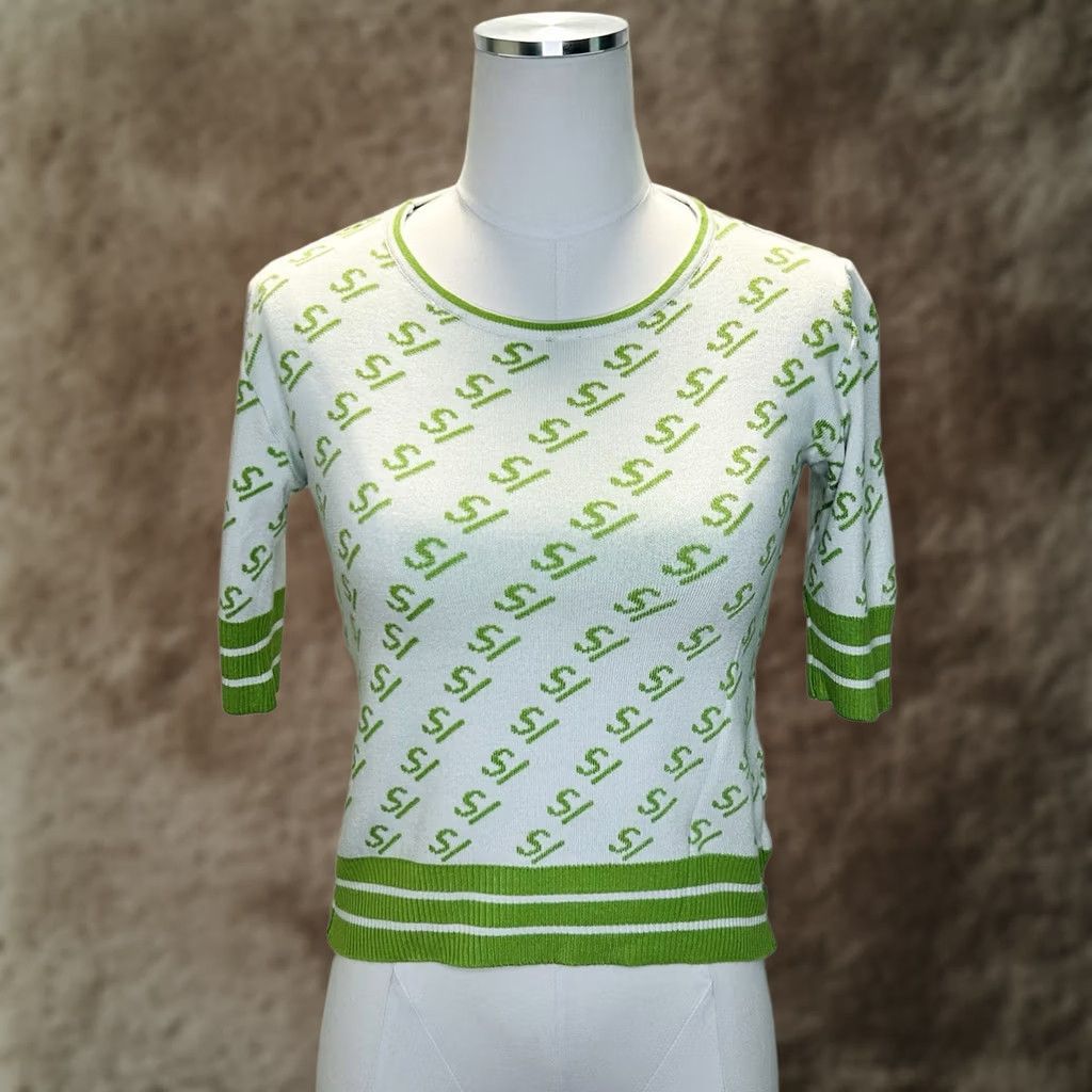 Vintage Stefania Vaidani Knit Sweater Women’s S All Over Print Logo Monogram Green Size S / US 4 / IT 40 - 1 Thumbnail