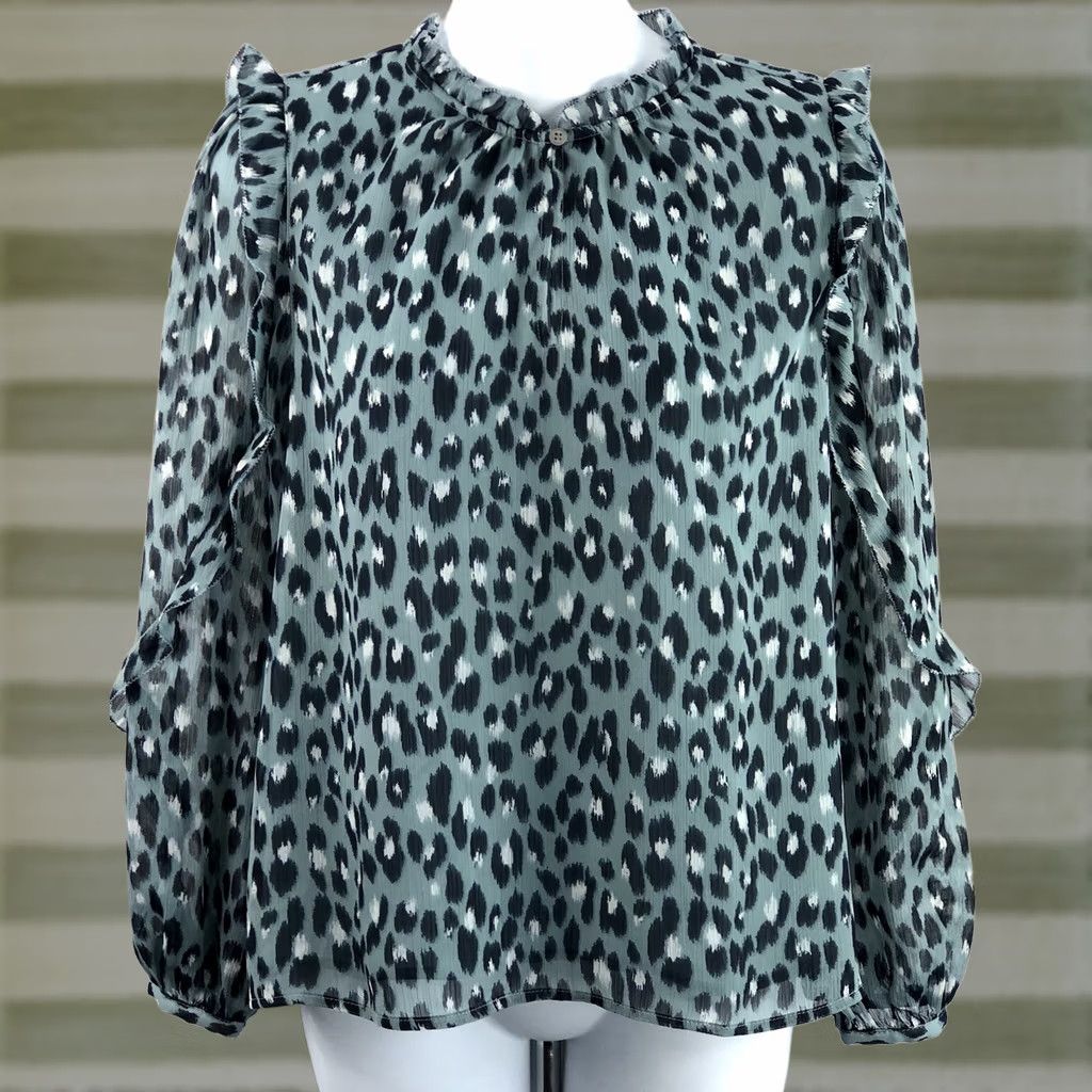 Ann Taylor VINTAGE AnnTaylor loft Blouse Shirt PM Blue Leopard Ruffle Balloon Sleeve 90s Glam Womens Size M / US 6-8 / IT 42-44 - 1 Thumbnail