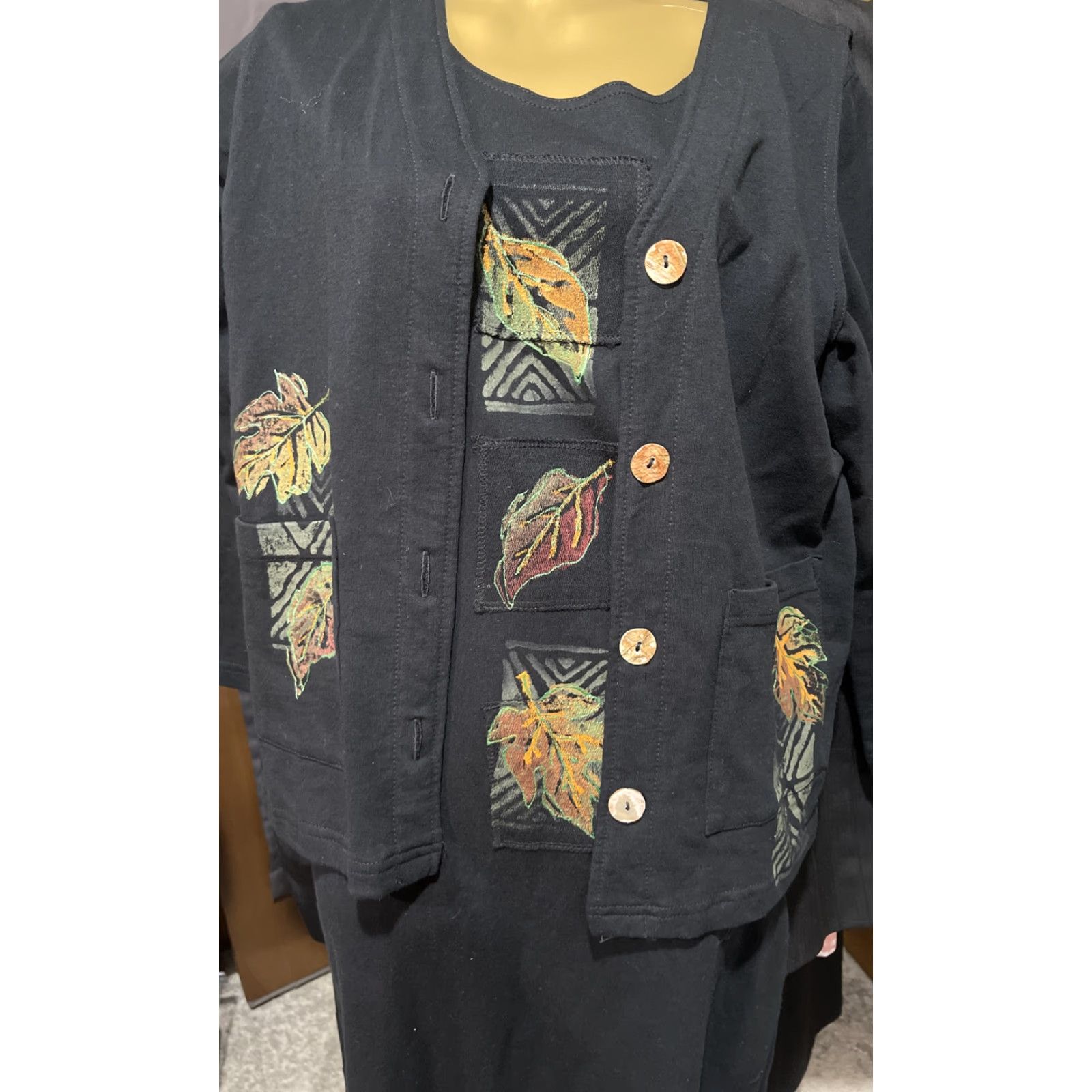 Vintage VINTAGE Design Limited Dress And Vest Womens Small 2 Piece Black Long Sleeve Fall Leaves Casual Workwear Size S / US 4 / IT 40 - 4 Thumbnail