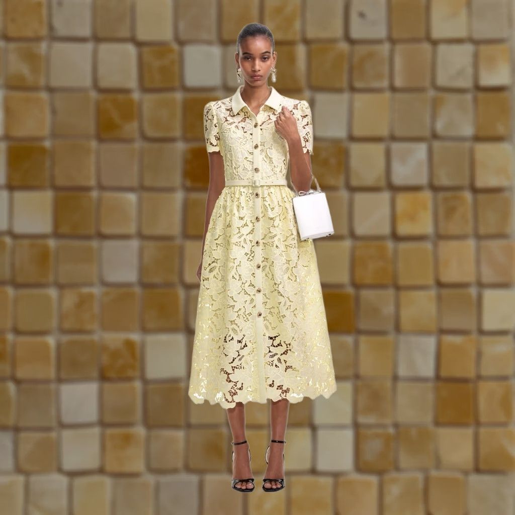 self portrait yellow lace collared midi dress Self-portrait - Yellow Viscose Pleated Lace Midi Dress