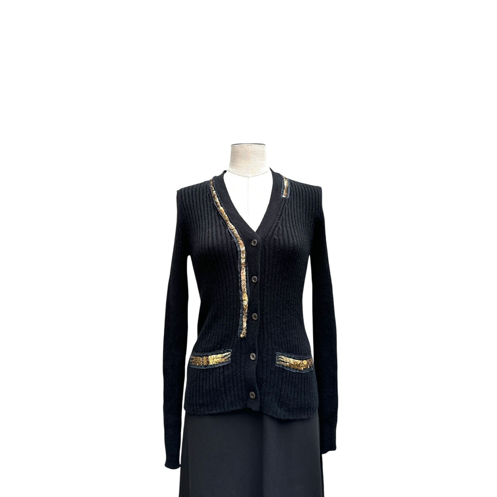 Prada Prada Black Ribbed Wool Cardigan with Sequin Trim Size IT 3 Size XS / US 0-2 / IT 36-38 - 1 Thumbnail