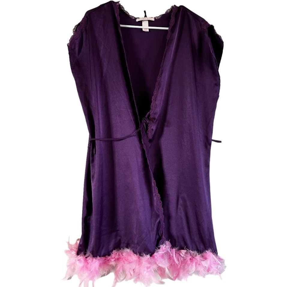Victoria's Secret Sleep Robe Tie Feather Hem Silky Purple M