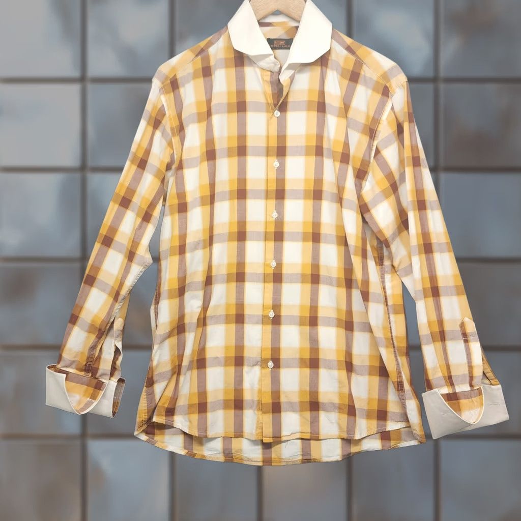 Steven Alan Steven Land Men Button Down Shirt Large Yellow Plaid Long Sleeve French Cuff Mens Size US L / EU 52-54 / 3 - 1 Thumbnail