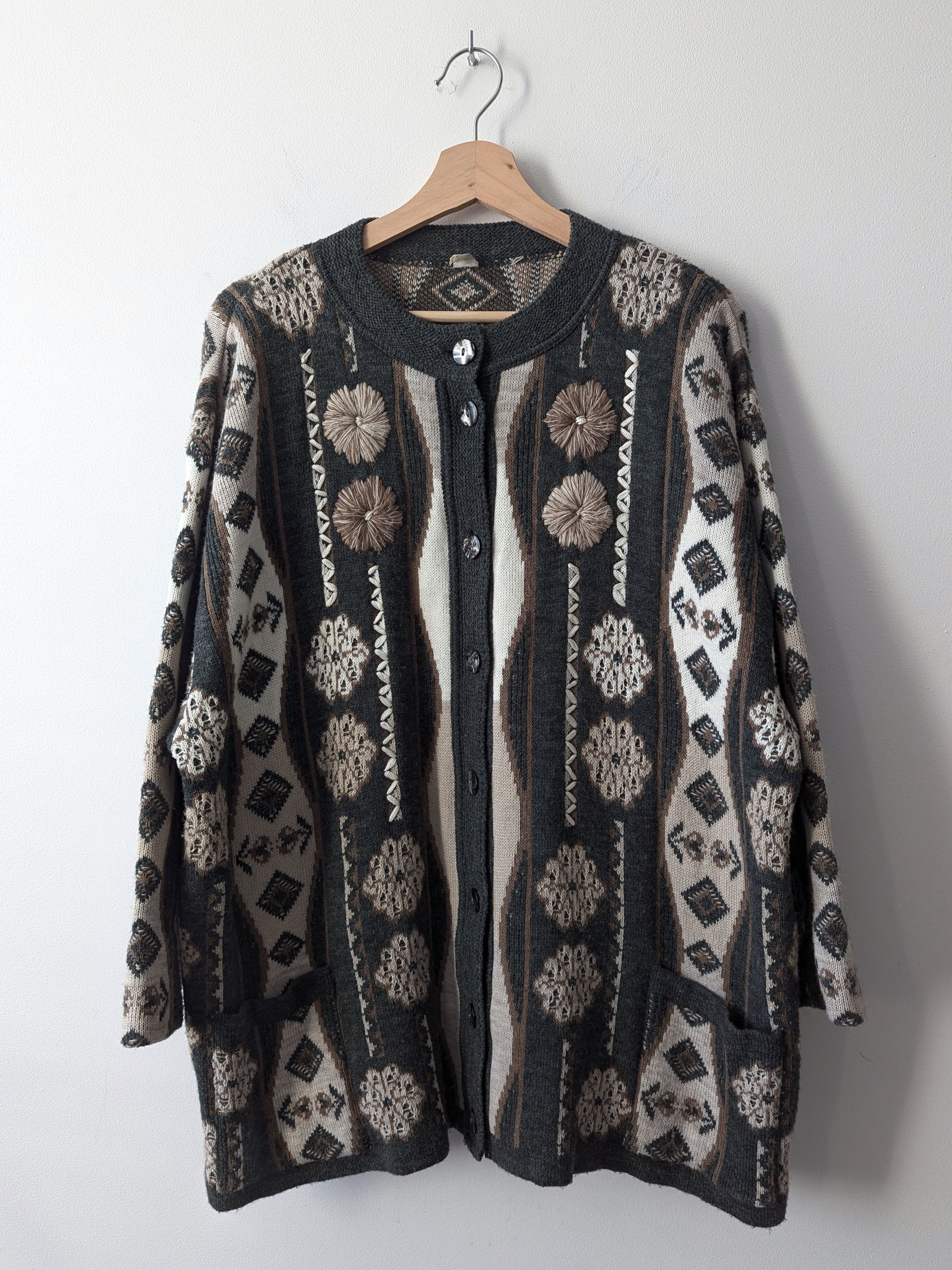 Vintage Oversized Wool Blend Knit Cardigan Black Brown