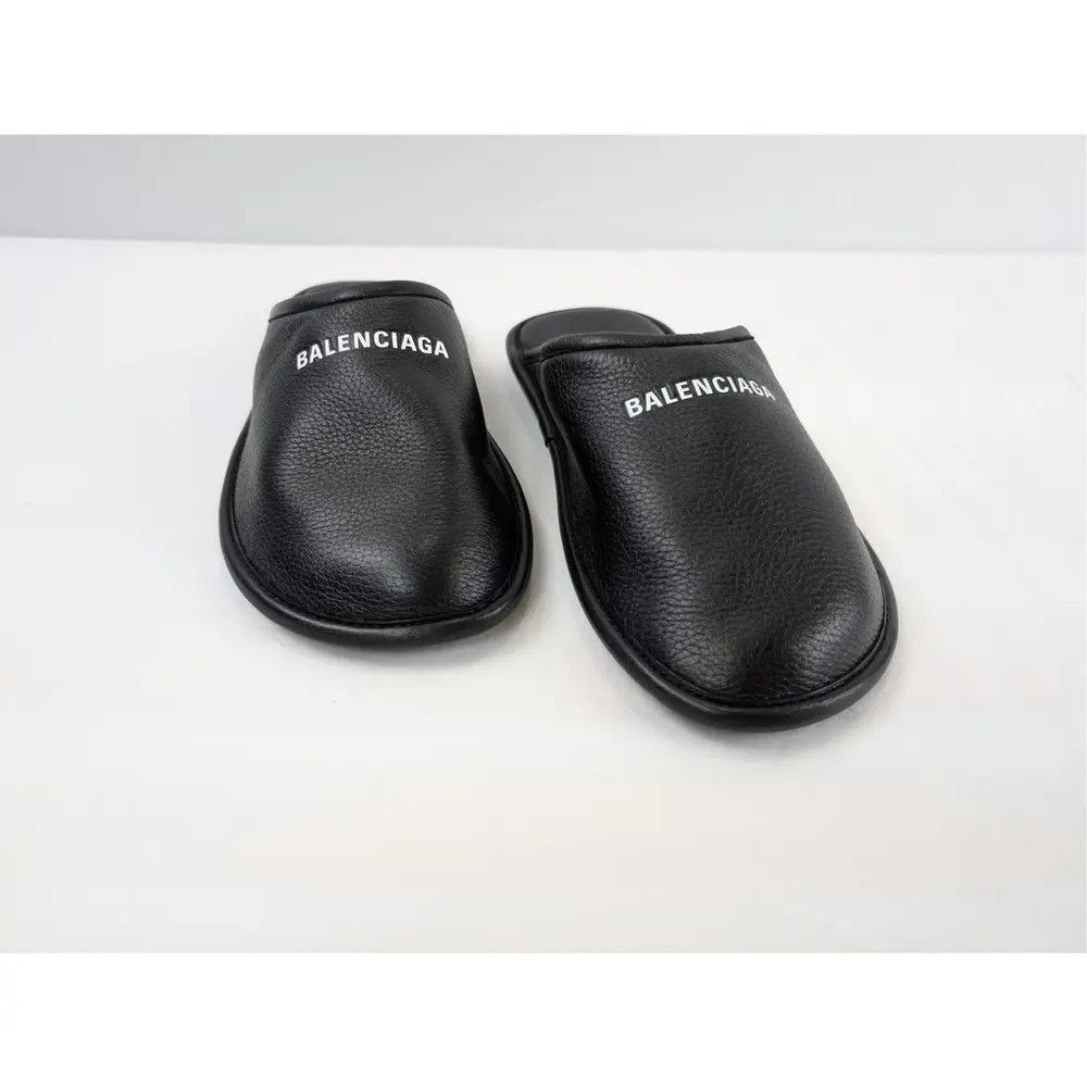 Balenciaga o1rshd1 Logo Grained Leather / Control Home Mule Flat Black Size US 13 / EU 46 - 4 Thumbnail