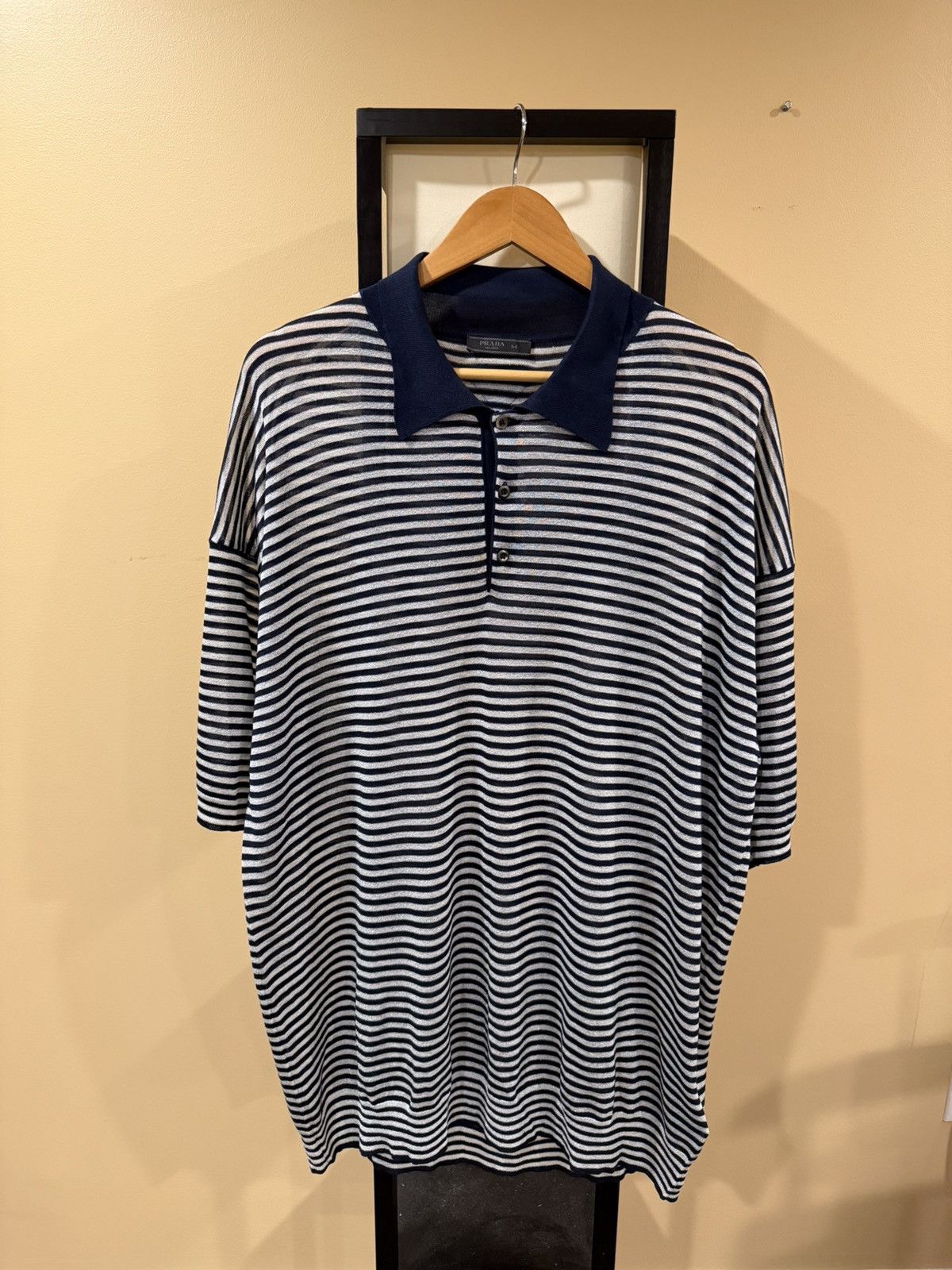 Prada SS22 Oversized Striped Navy Silk/Viscoe Polo Shirt