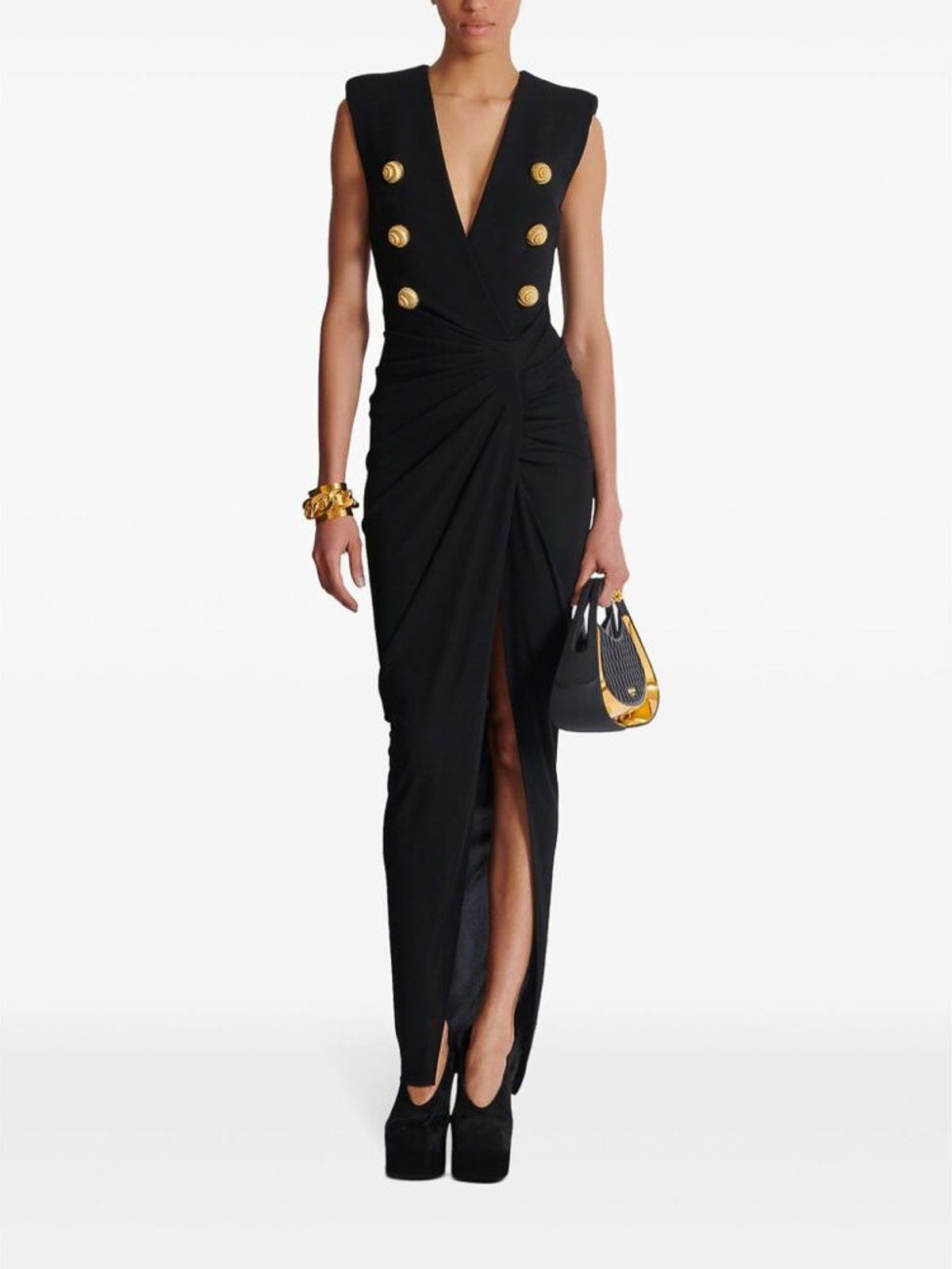 Balmain o1s1wg111025 Tailored Crepe Long Dress in Black Size XS / US 0-2 / IT 36-38 - 3 Thumbnail