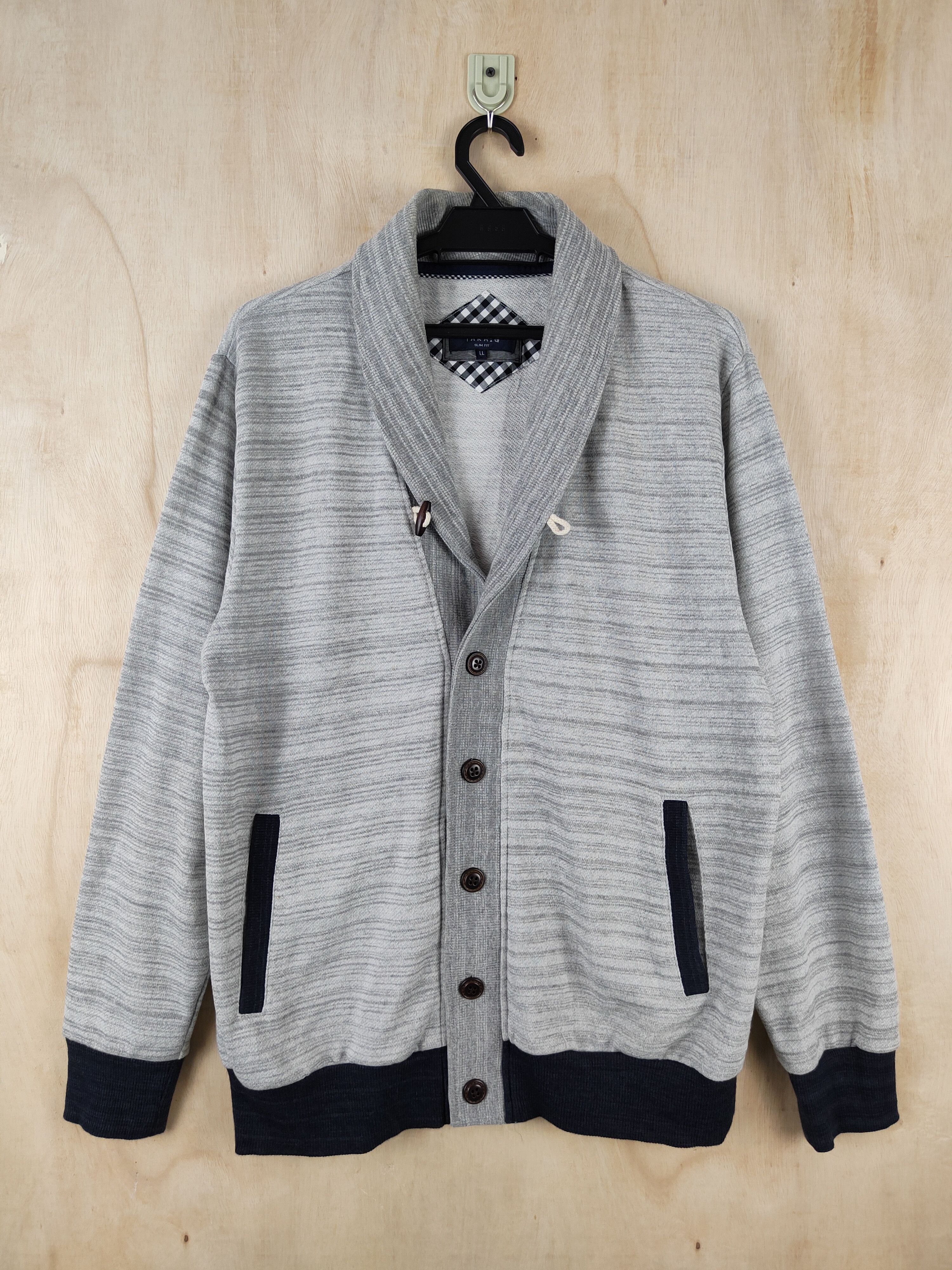 image of Patterned Cardigans x Vintage Takaiq Japan Vintage Gray Knitwear Cardigan S2574 in Grey (Size Large
