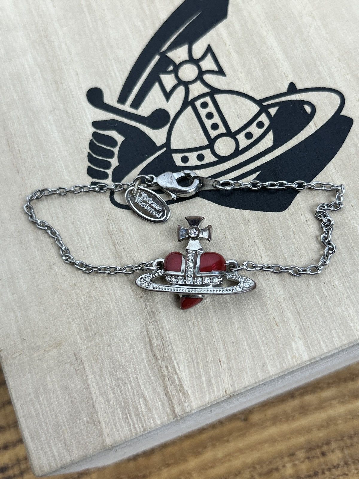 90s Vintage Vivienne Westwood Diamante Heart Bracelet Red