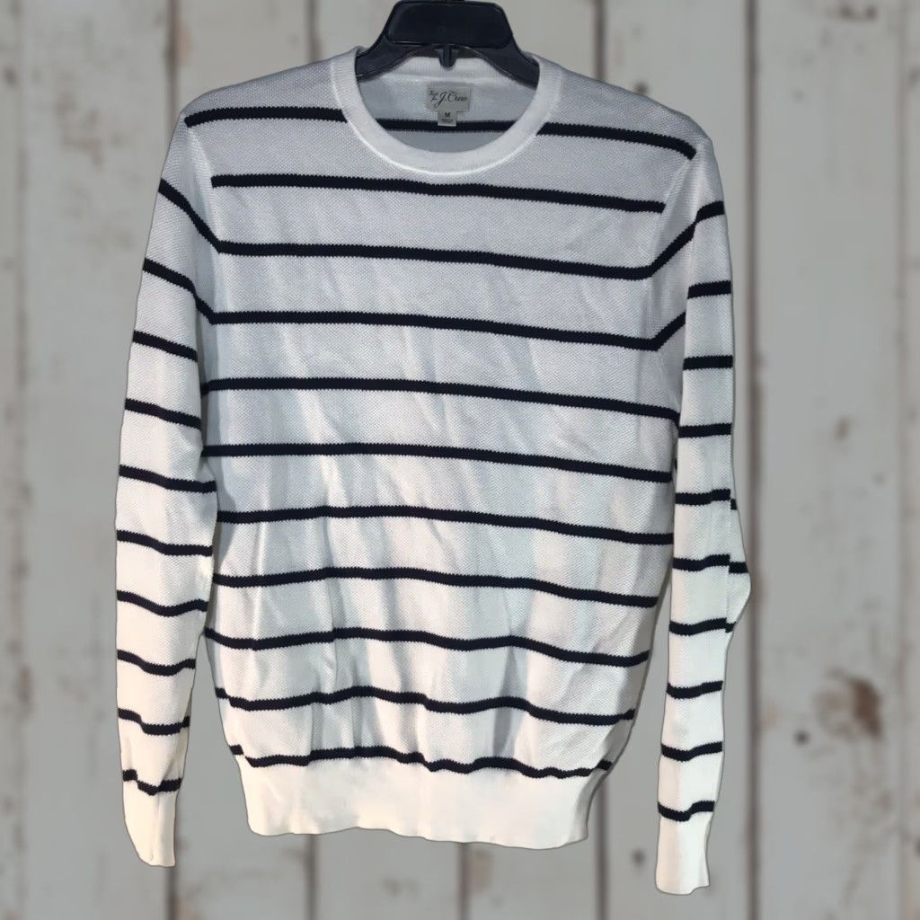 J.Crew J.CREW Striped Waffle Knit Sweater Womens Medium White Black Classic Pullover Size M / US 6-8 / IT 42-44 - 1 Thumbnail